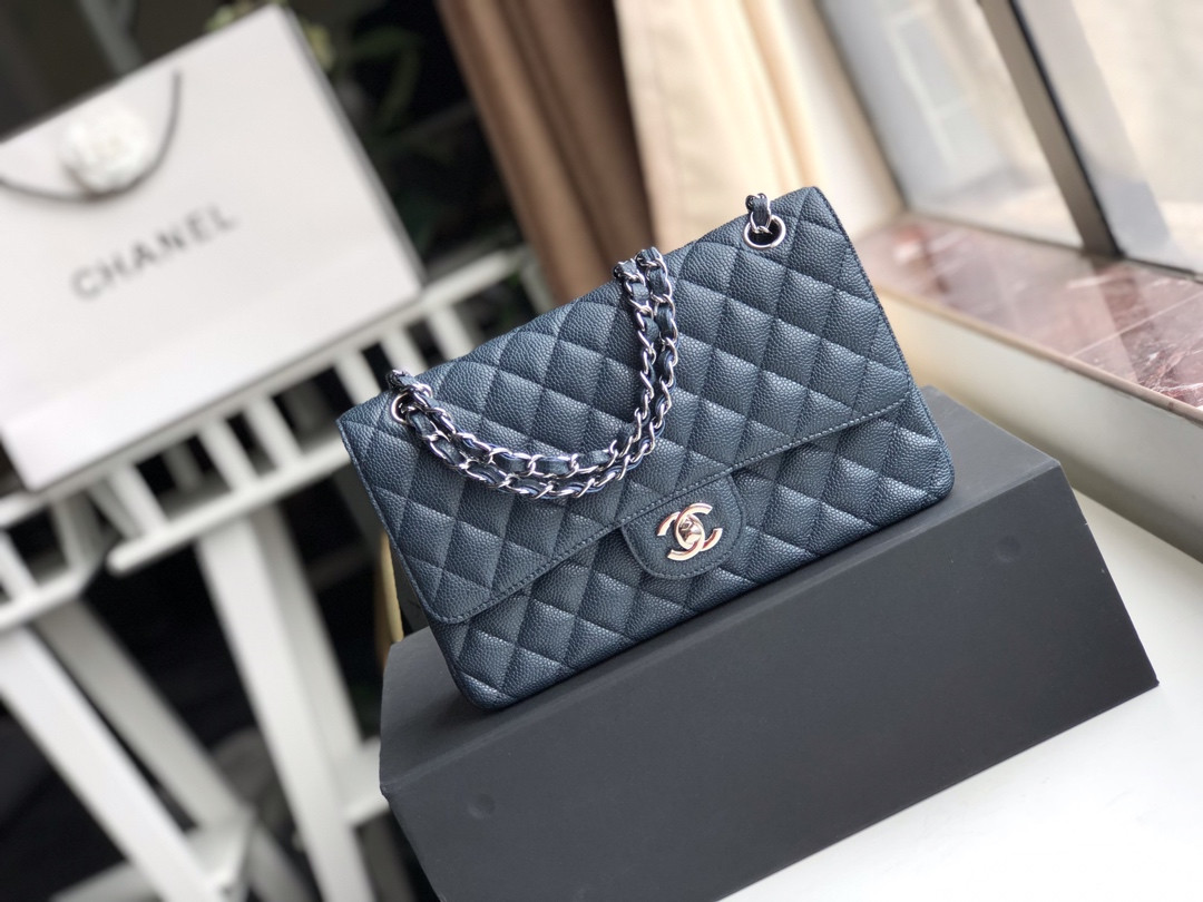 Ch**el CLASSIC HANDBAG GRAINED CALFSKIN & SILVER-TONE METAL NAVY 6 × 9.9 × 2.5 in