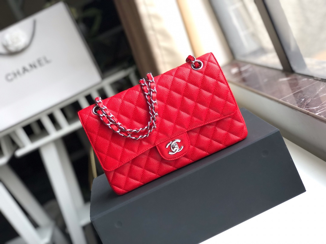 Ch**el CLASSIC HANDBAG GRAINED CALFSKIN & SILVER-TONE METAL SHINY red 6 × 9.9 × 2.5 in