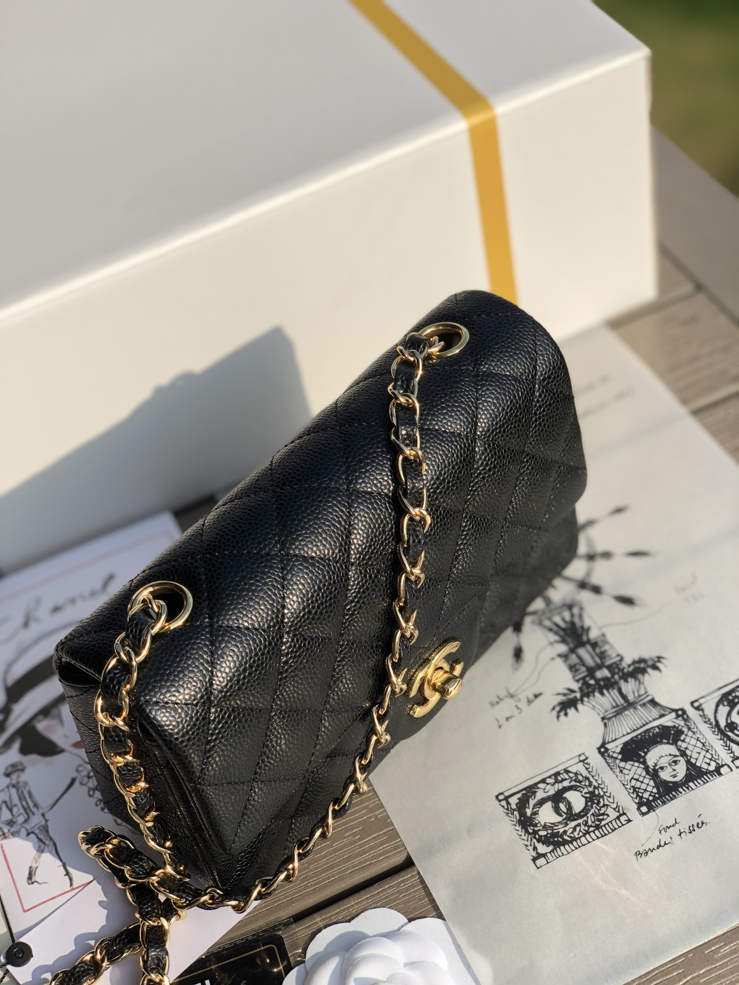 Ch**el MINI FLAP BAG BLACK WITH GOLD-TONE MENTAL 4.7 × 7.8 × 2.3 in