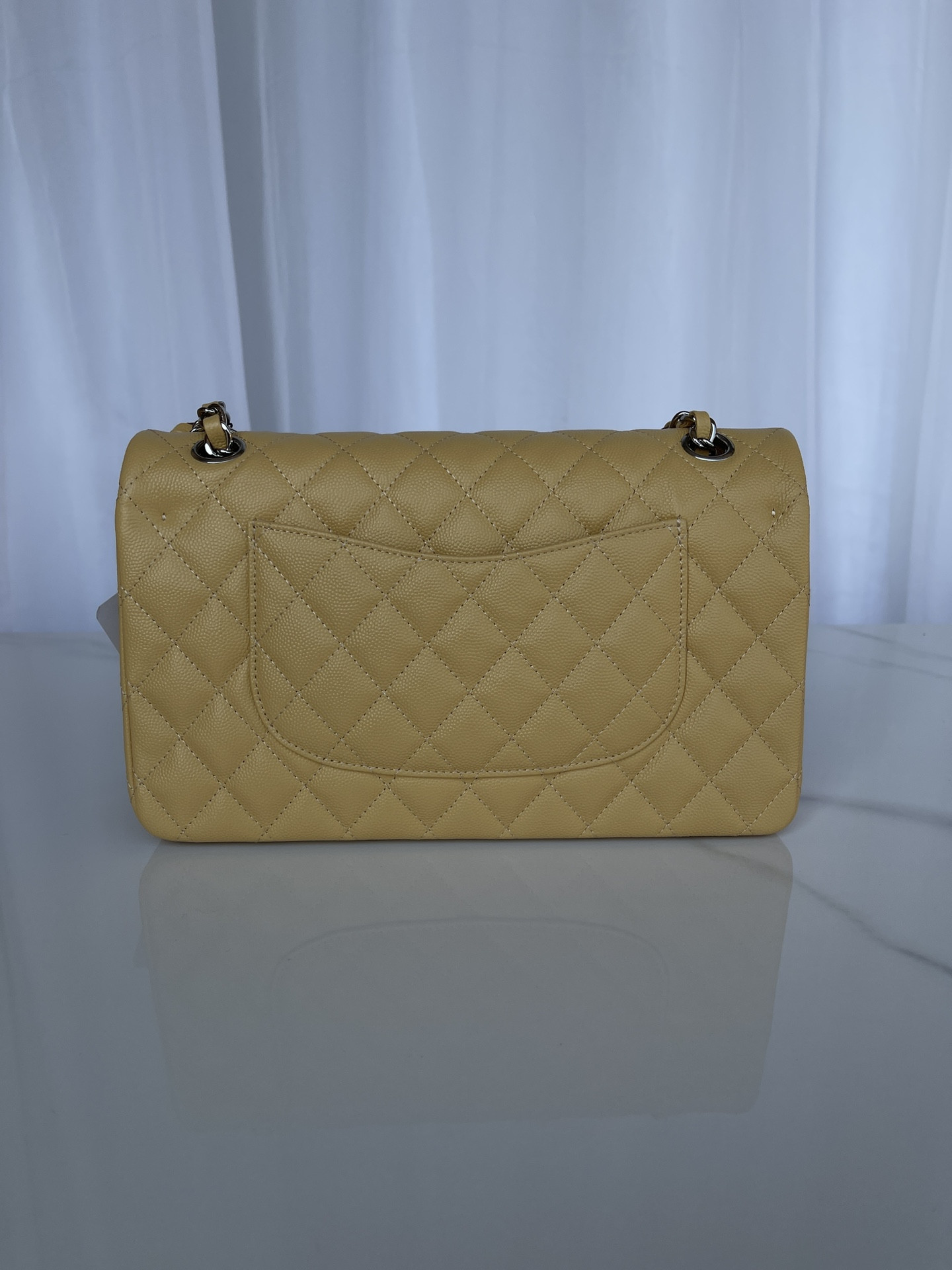 Ch**el CLASSIC HANDBAG GRAINED CALFSKIN & SILVER-TONE METAL YELLOW 6 × 9.9 × 2.5 in