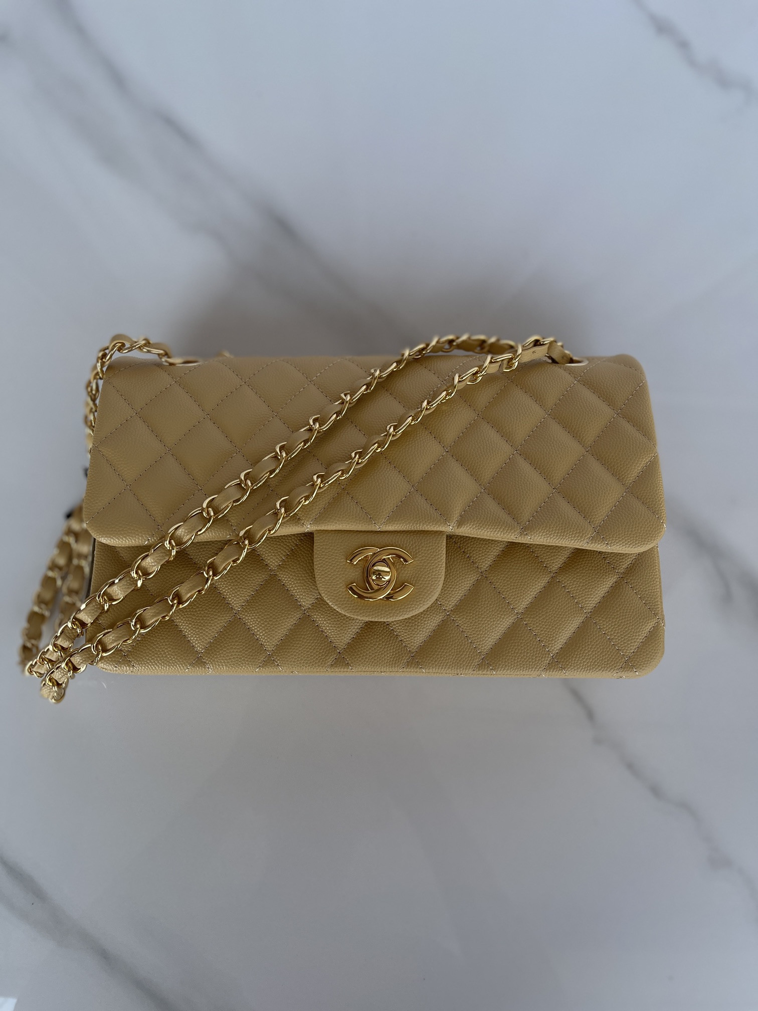 Ch**el CLASSIC HANDBAG GRAINED CALFSKIN & GOLD-TONE METAL YELLOW 6 × 9.9 × 2.5 in