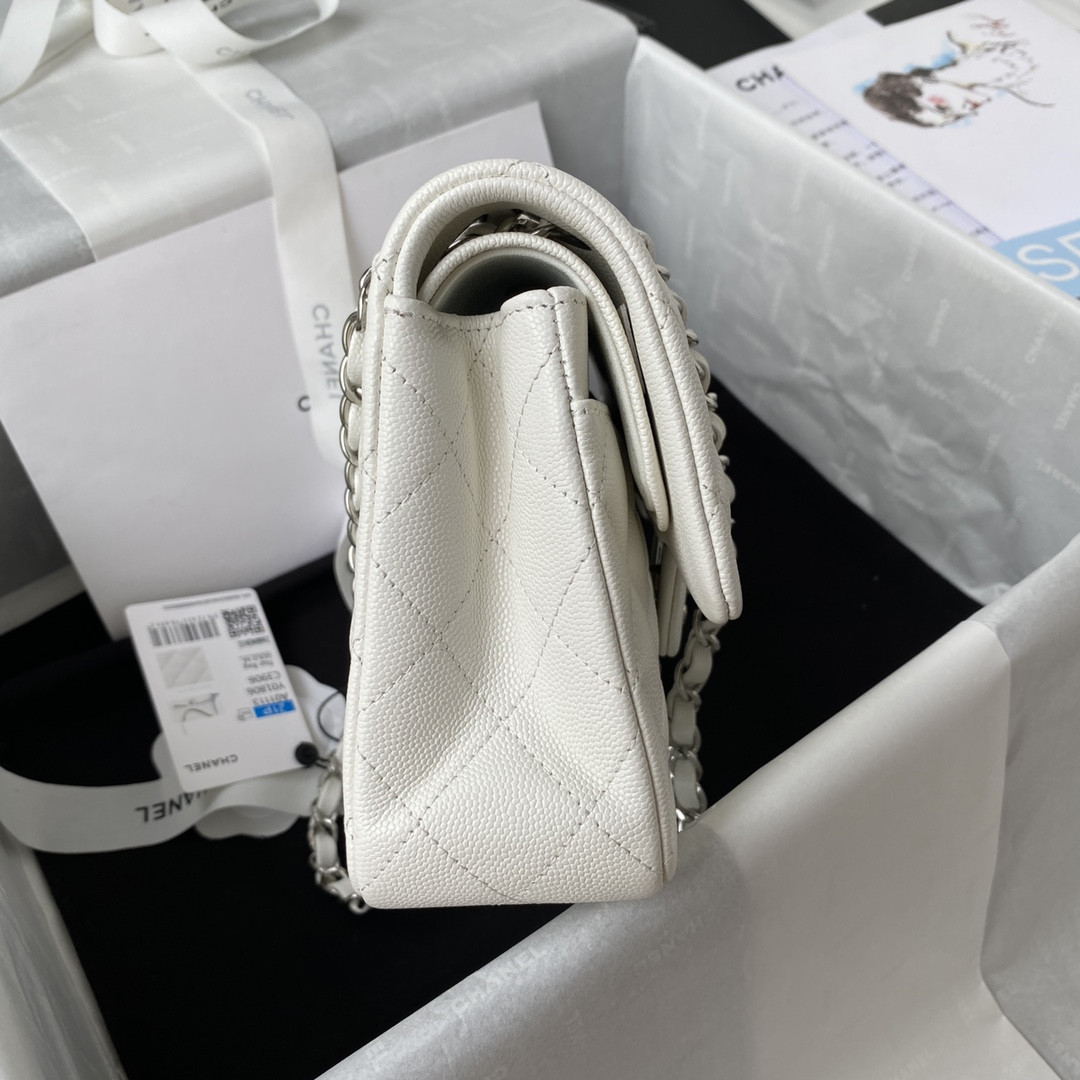 Ch**el SMALL CLASSIC HANDBAG Grained Calfskin & Silver-Tone Metal White 5.7 × 9 × 2.3 in