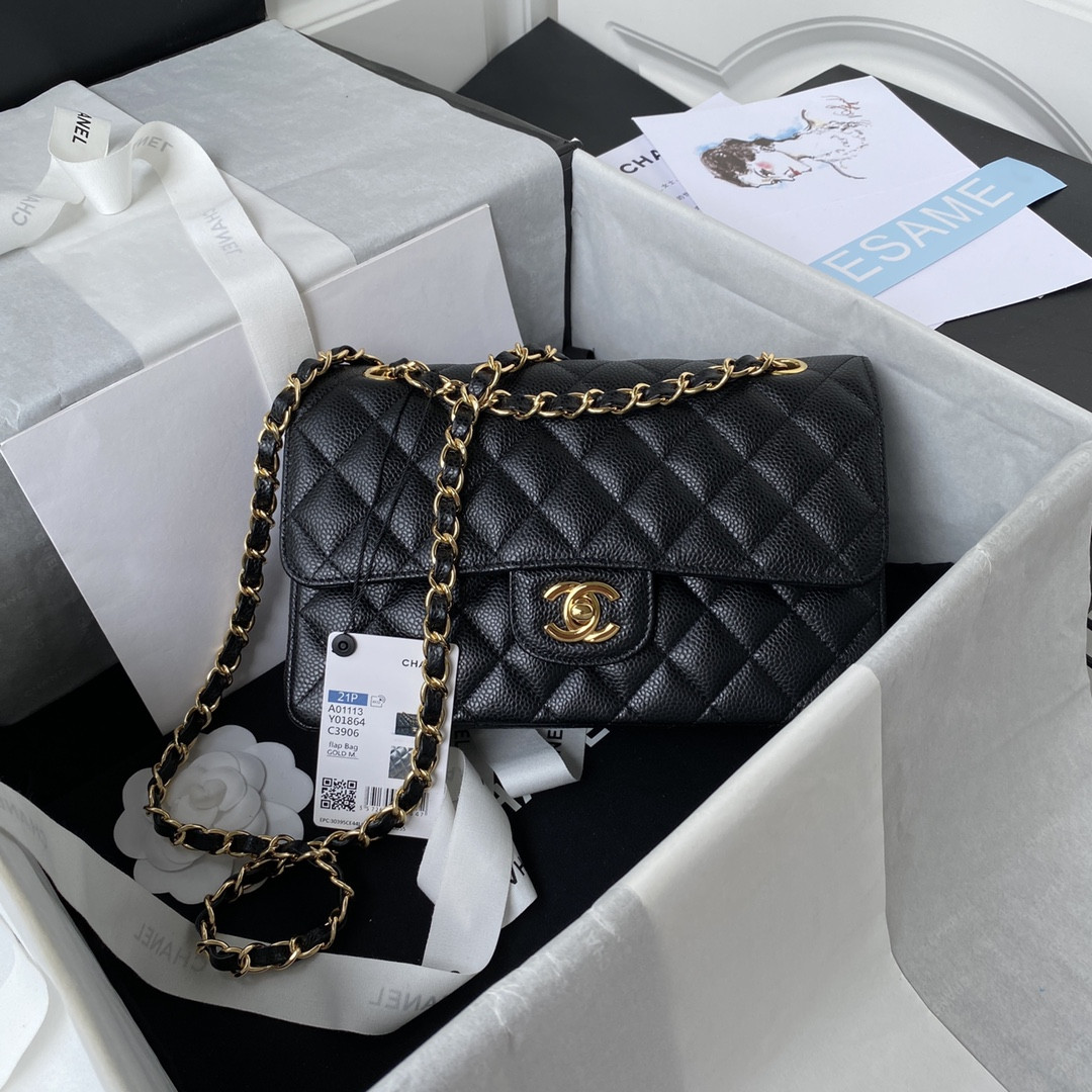 Ch**el SMALL CLASSIC HANDBAG Grained Calfskin & Gold-Tone Metal Black 5.7 × 9 × 2.3 in