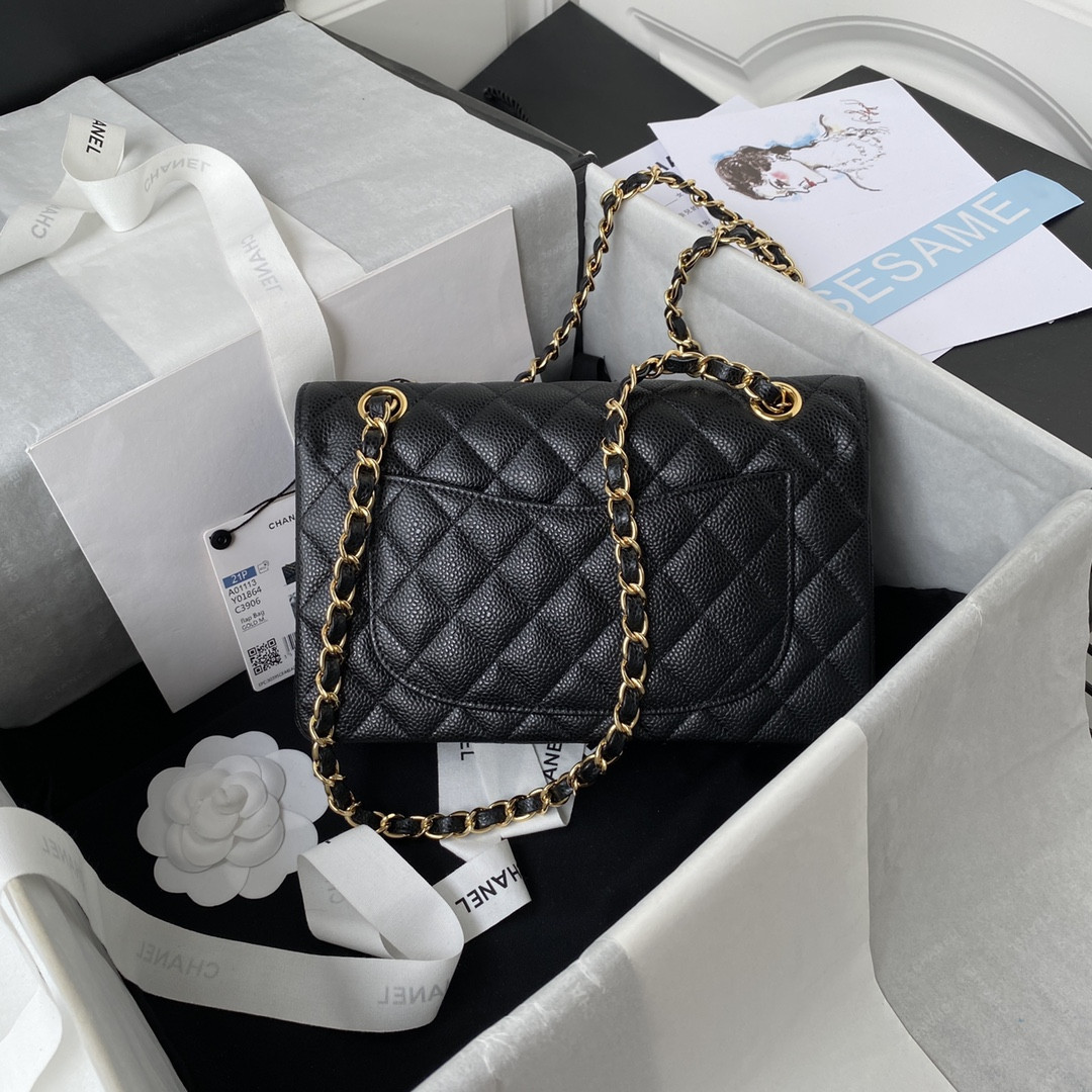 Ch**el SMALL CLASSIC HANDBAG Grained Calfskin & Gold-Tone Metal Black 5.7 × 9 × 2.3 in