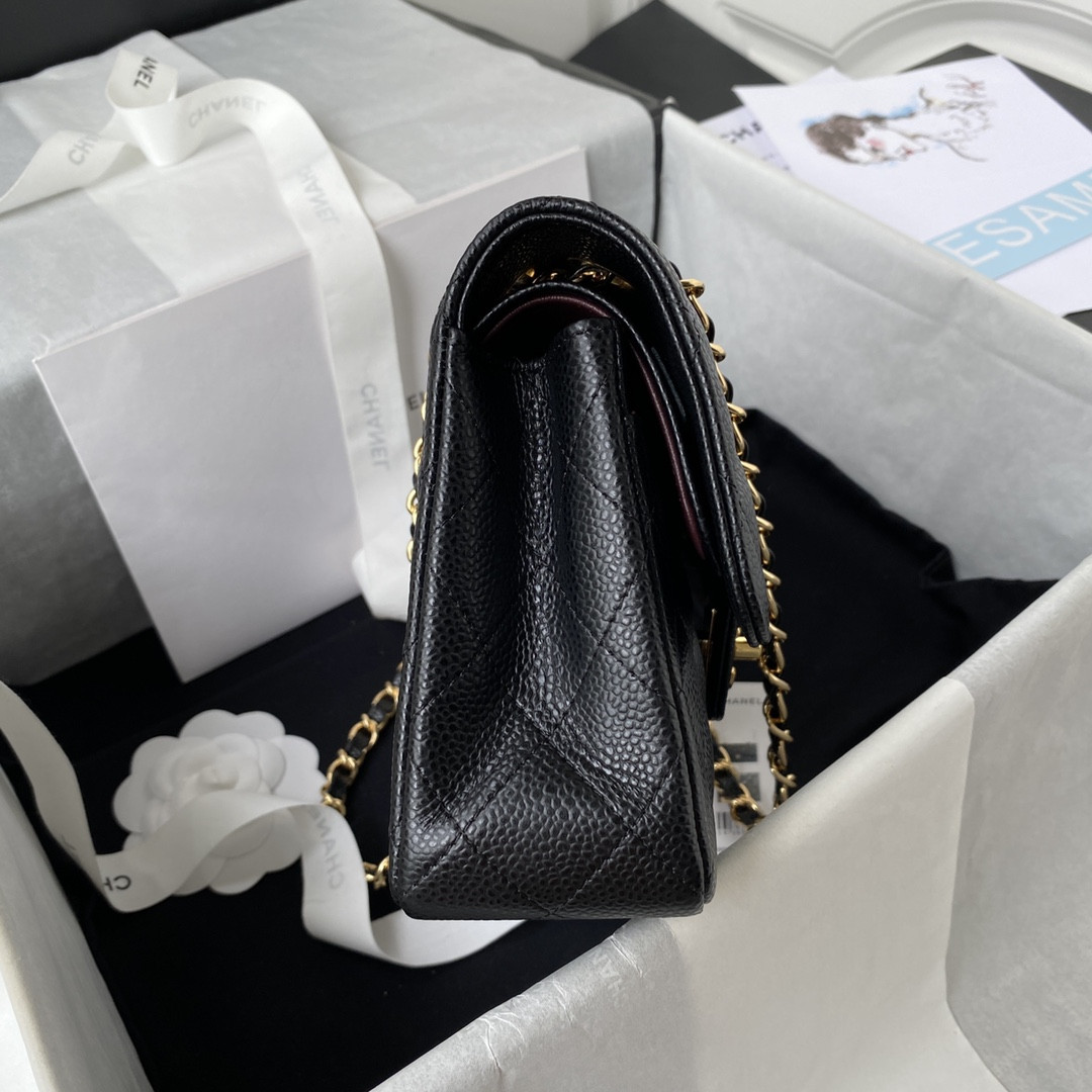 Ch**el SMALL CLASSIC HANDBAG Grained Calfskin & Gold-Tone Metal Black 5.7 × 9 × 2.3 in