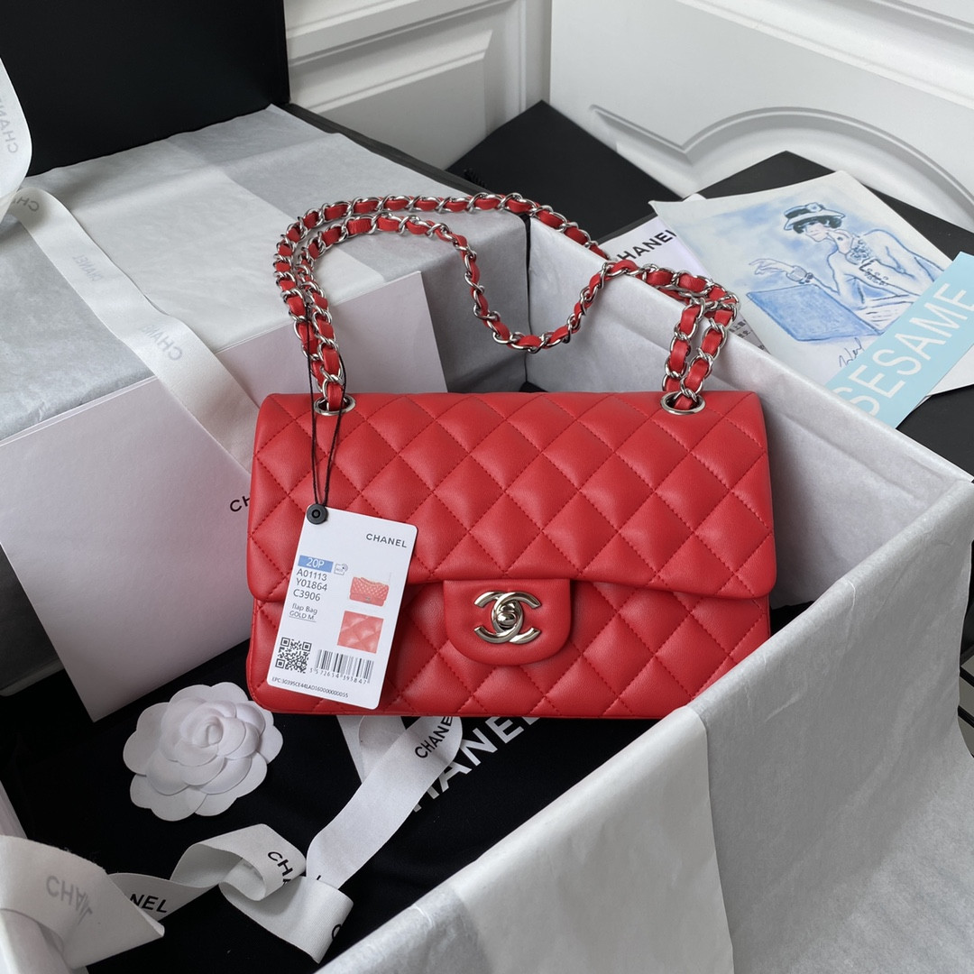 Ch**el SMALL CLASSIC HANDBAG  LAMBSKIN & SILVER-TONE METAL Red 5.7 × 9 × 2.3 IN