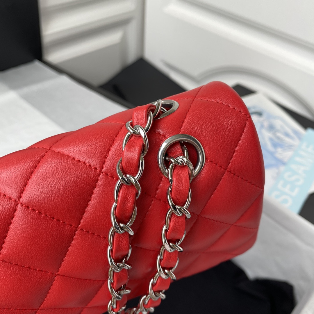 Ch**el SMALL CLASSIC HANDBAG  LAMBSKIN & SILVER-TONE METAL Red 5.7 × 9 × 2.3 IN