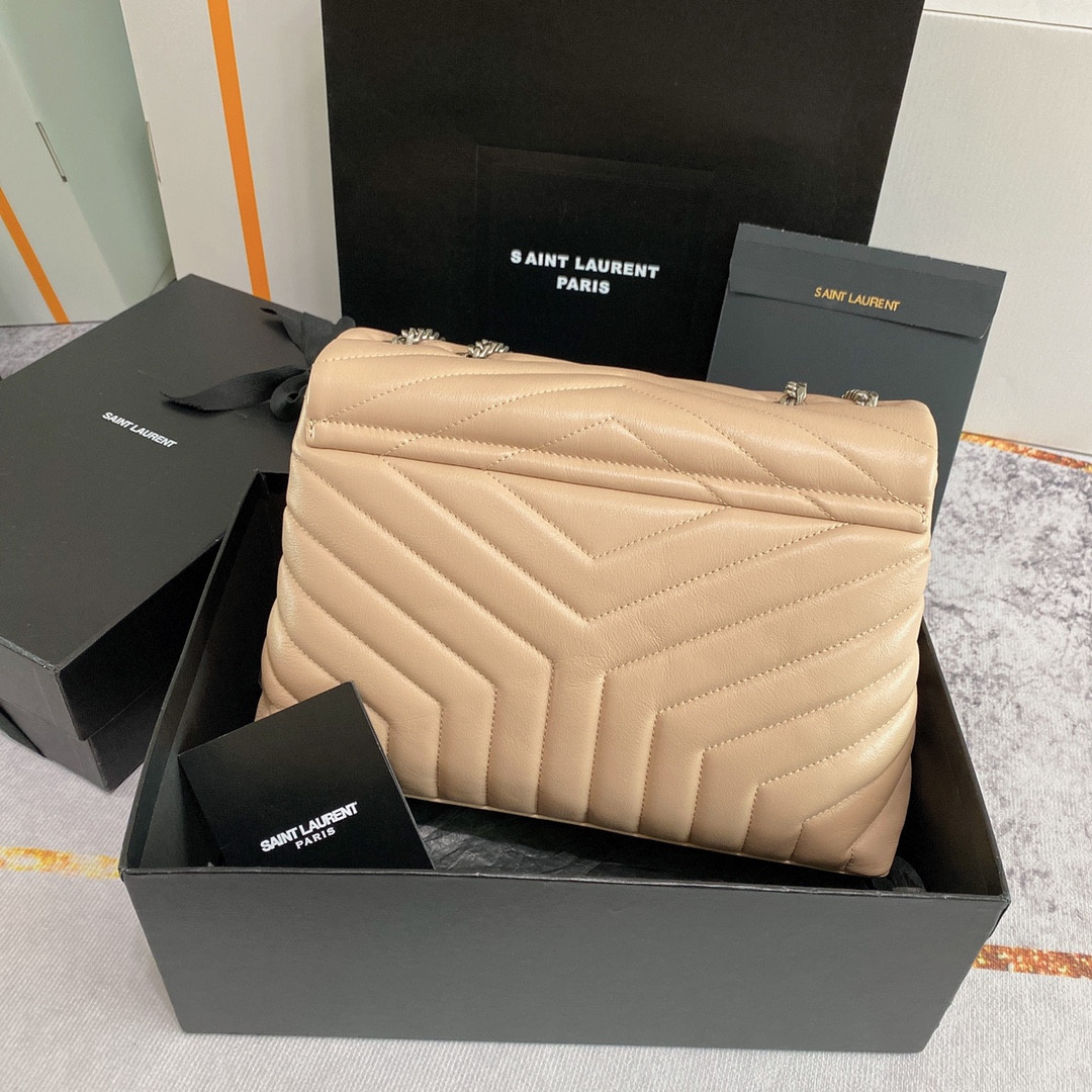 Y51 LOULOU MEDIUM IN QUILTED LEATHER DARK BEIGE SILVER 12.5 X 8.6 X 3.5 INCHES
