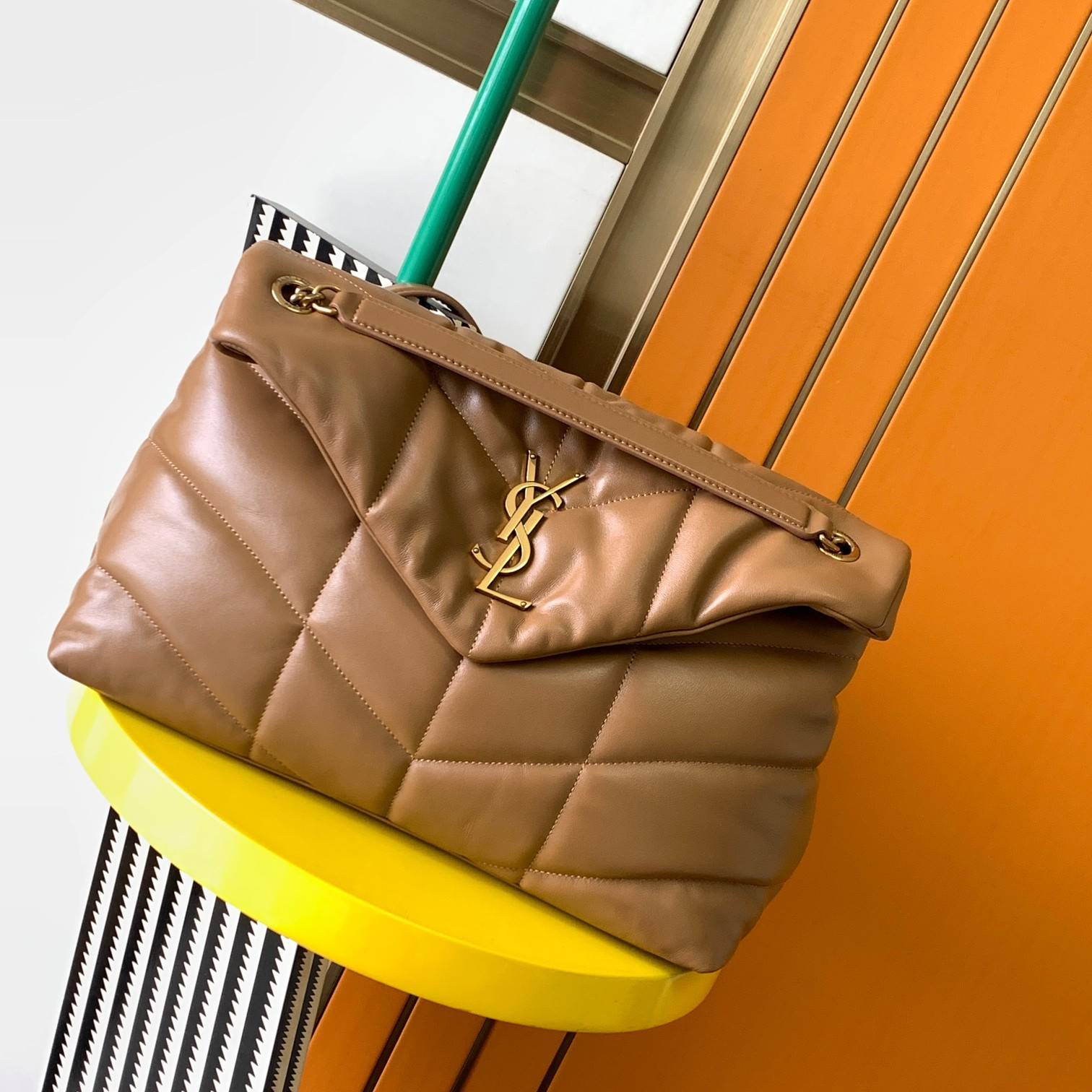 Y51 PUFFER MEDIUM IN NAPPA LEATHER BROWN 13.7 X 9 X 5.3 INCHES