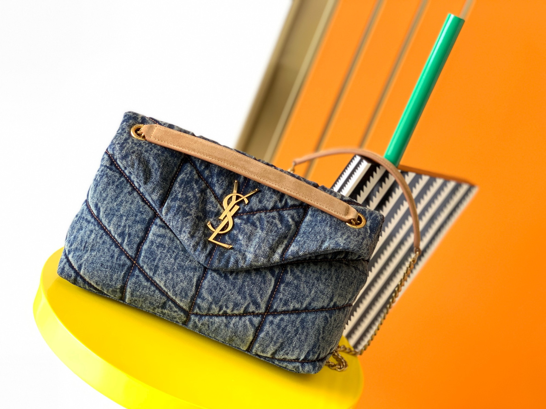 y51 puffer small in suede and De*1m rodeo blue 11.4 x 6.6 x 4.3 inches