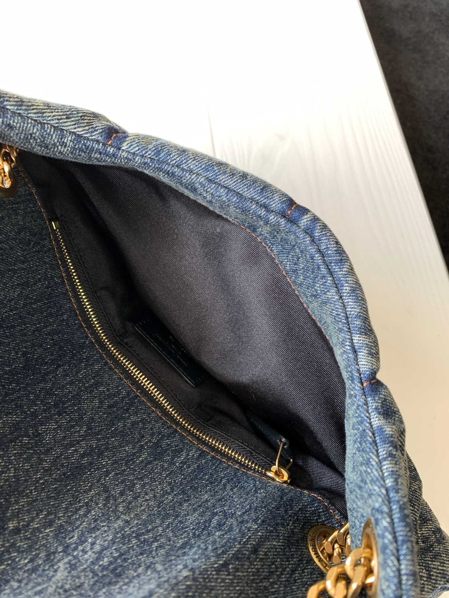 y51 puffer small in suede and De*1m rodeo blue 11.4 x 6.6 x 4.3 inches