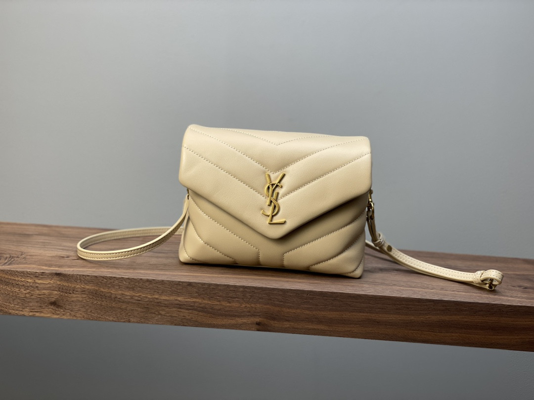 Y51 TOY LOULOU IN QUILTED LEATHER DARK BEIGE 7.9 X 5.5 X 3 INCHES