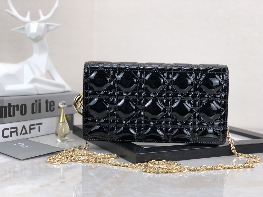 Lady D10r Pouch  Black Patent Cannage Calfskin 8.5 x 4.5 x 1 inches