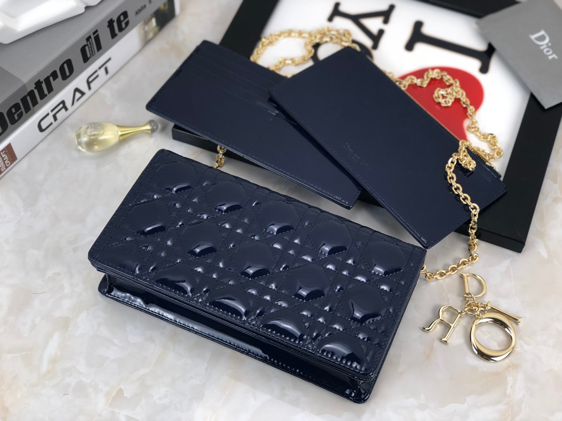 Lady D10r Pouch  Navy Patent Cannage Calfskin 8.5 x 4.5 x 1 inches