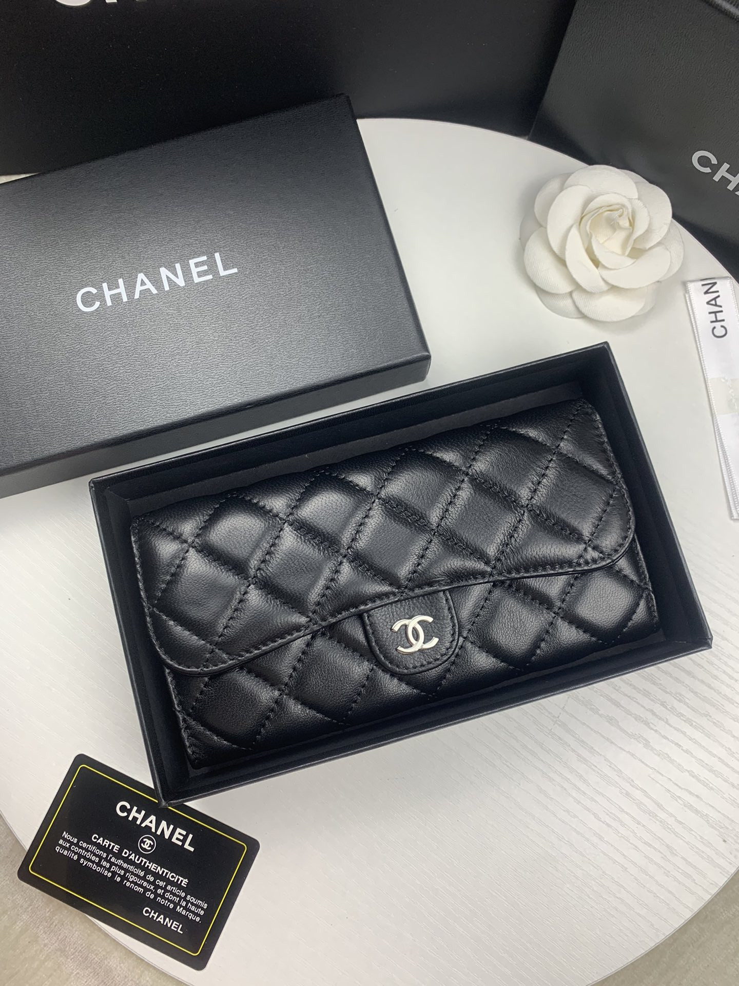 Ch**el FLAP WALLET BLACK SILVER 19.5 x10 cm