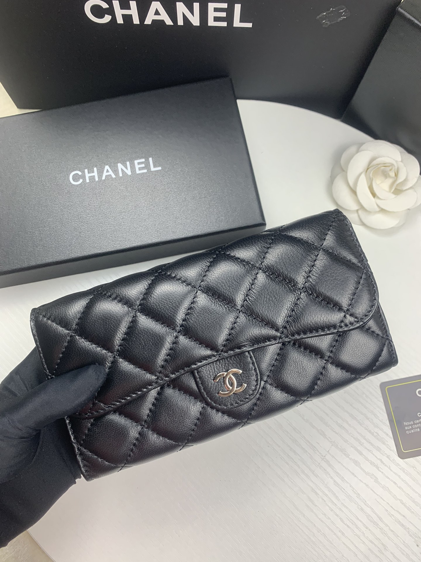 Ch**el FLAP WALLET BLACK SILVER 19.5 x10 cm