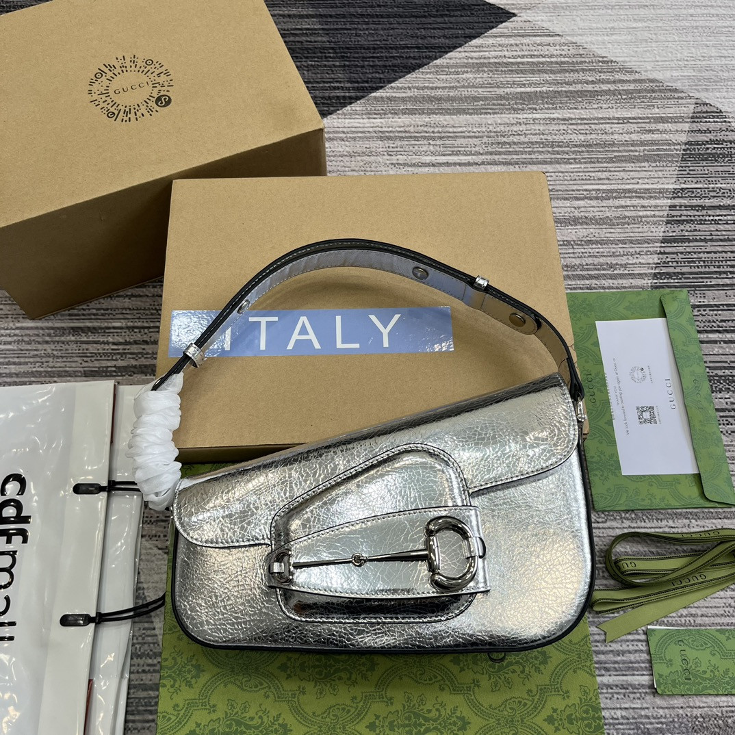 Gvc*1 HORSEBIT 1955 SMALL SHOULDER BAG Metallic silver 10.4"W x 6.7-4.1"H x 3.1-1.6"D