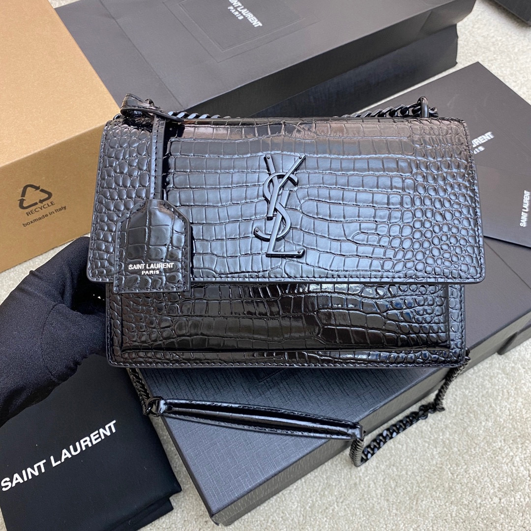 Y51 SUNSET MEDIUM IN CROCODILE-EMBOSSED LEATHER NOIR 8 X 6.2 X 2.5 INCHES