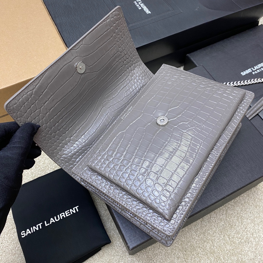 Y51 SUNSET MEDIUM IN CROCODILE-EMBOSSED LEATHER GRAY 8 X 6.2 X 2.5 INCHES