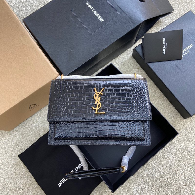 Y51 SUNSET MEDIUM IN CROCODILE-EMBOSSED LEATHER BLACK 8 X 6.2 X 2.5 INCHES