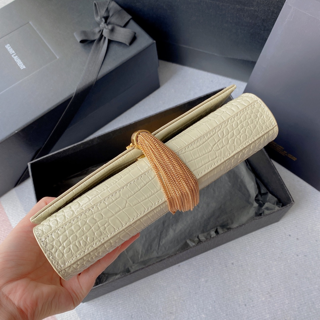 Y51 KATE MEDIUM TASSEL IN CROCODILE-EMBOSSED LEATHER WHITE 9.4 X 5.7 X 2.1 INCHES