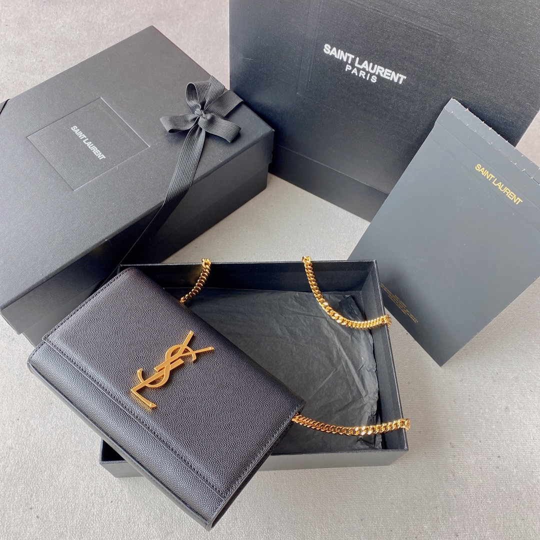 Y51 KATE SMALL IN GRAIN DE POUDRE EMBOSSED LEATHER NAVY GOLD 7.8 X 4.9 X 1.9 INCHES