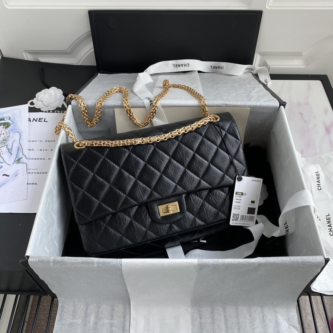 Ch**el LARGE 2.55 HANDBAG Black& Gold-Tone Metal 7.6 × 10.9 × 2.9 in