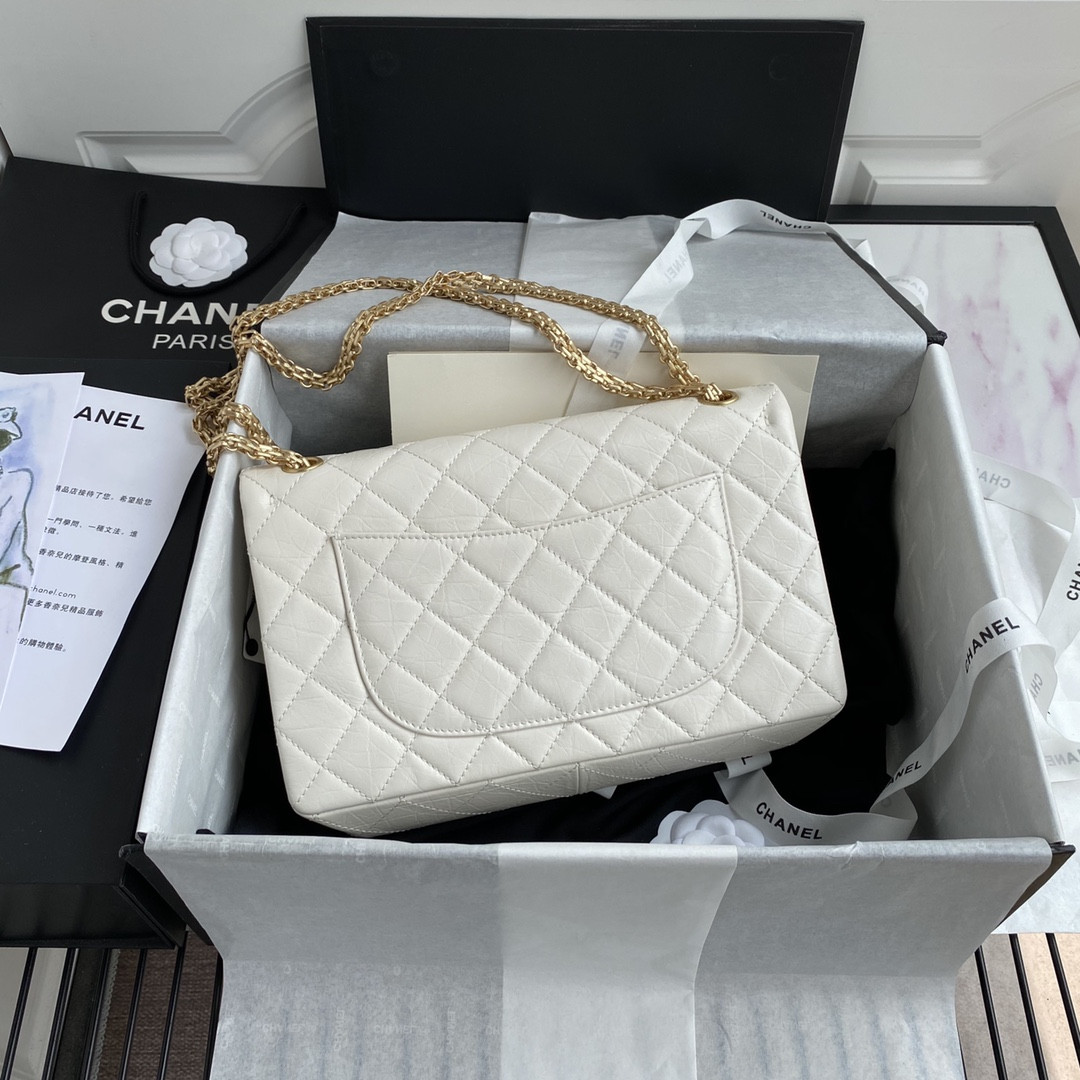 Ch**el LARGE 2.55 HANDBAG White& Gold-Tone Metal 7.6 × 10.9 × 2.9 in