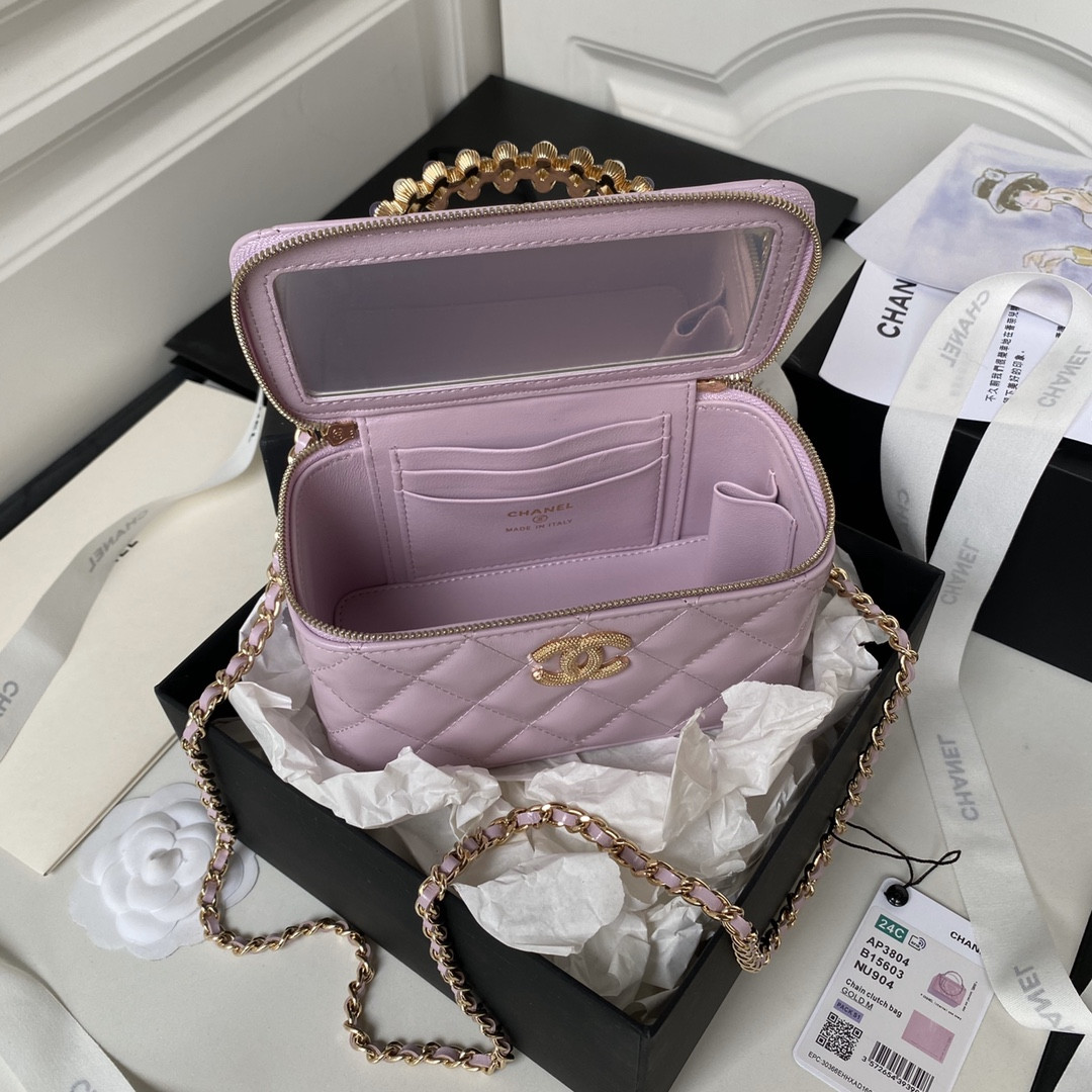 Ch**el 24P CHAIN LEATHER SQUARE BOX SHOULDER BAG PURPLE 16x10x8cm