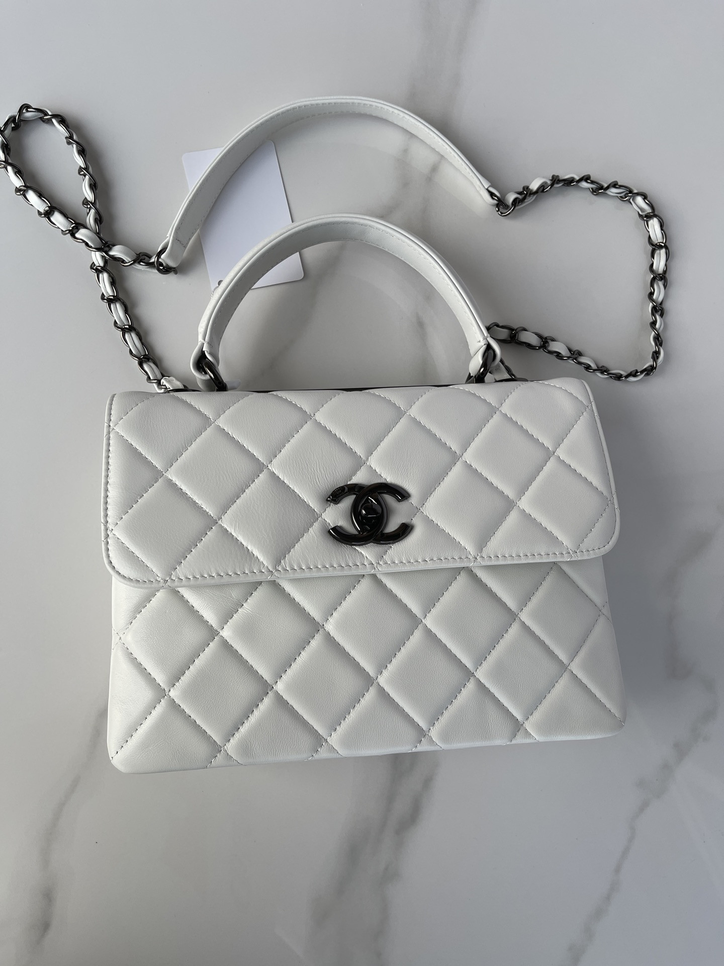 Ch**el FLAP BAG WITH TOP HANDLE WHITE 6.6 × 9.8 × 4.7 in