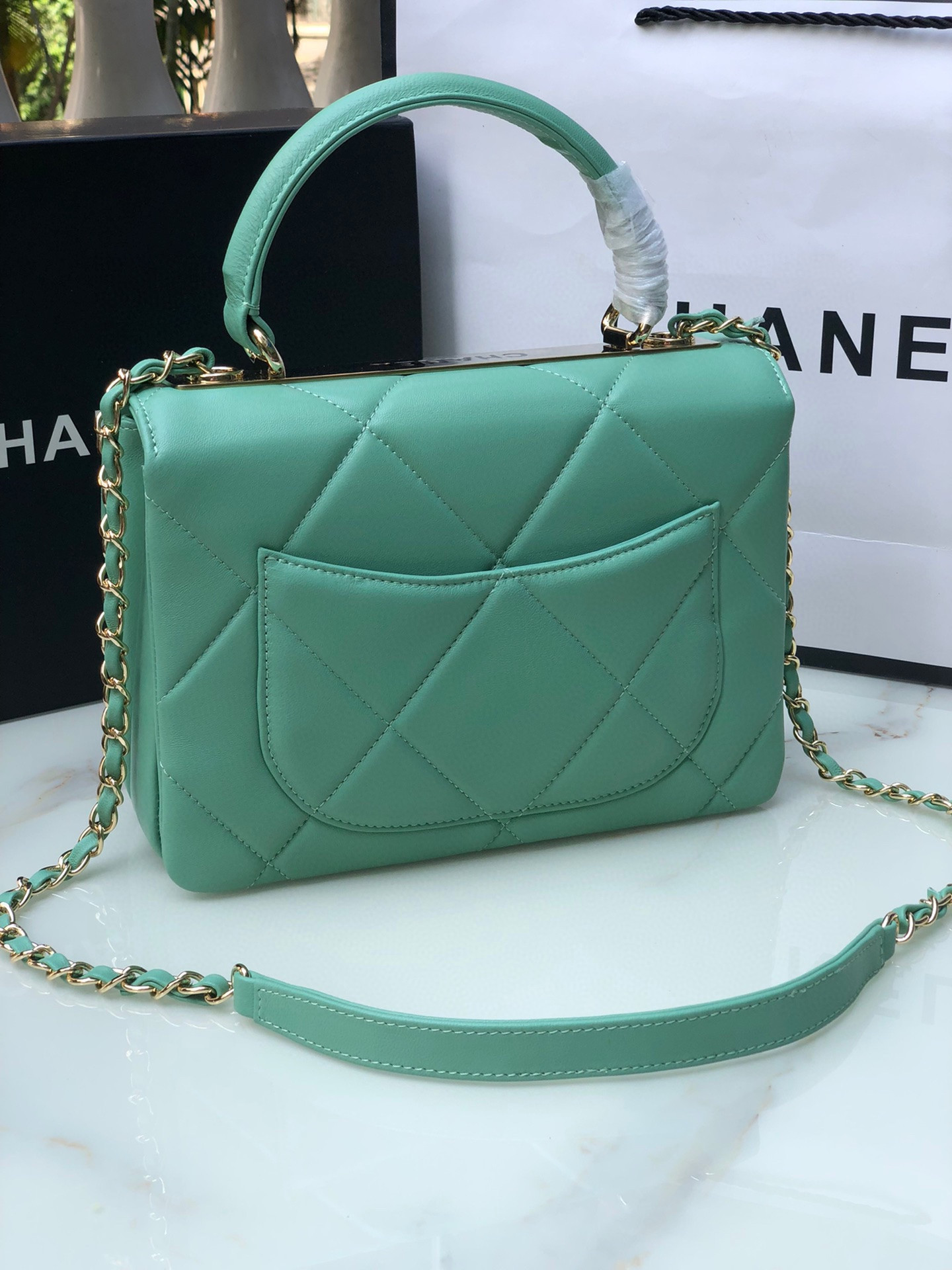 Ch**el FLAP BAG WITH TOP HANDLE BLUE 6.6 × 9.8 × 4.7 in