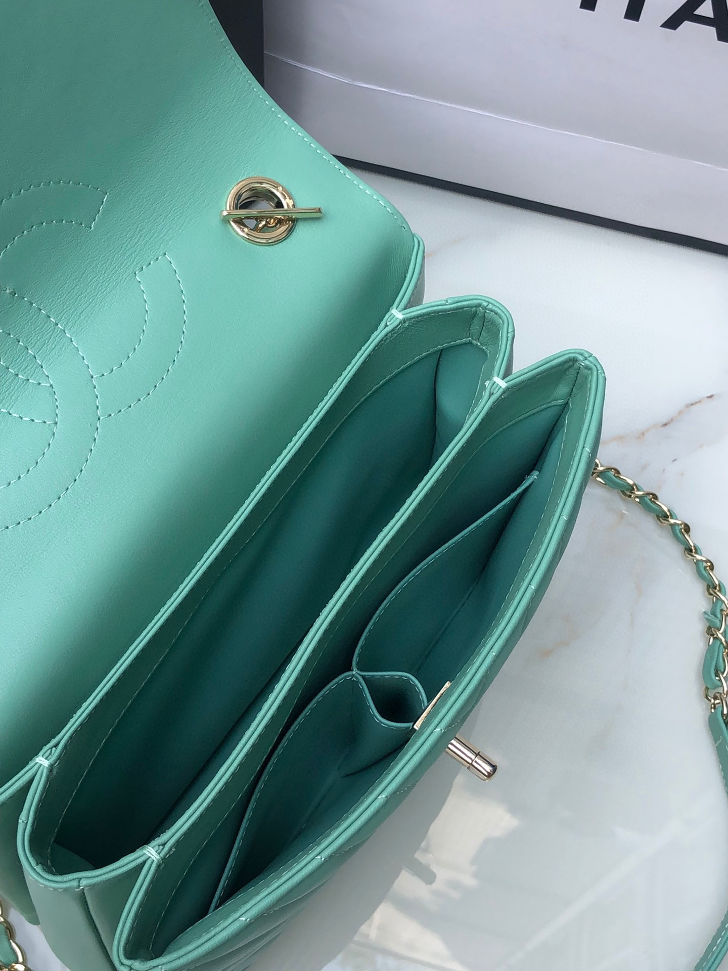 Ch**el FLAP BAG WITH TOP HANDLE BLUE 6.6 × 9.8 × 4.7 in