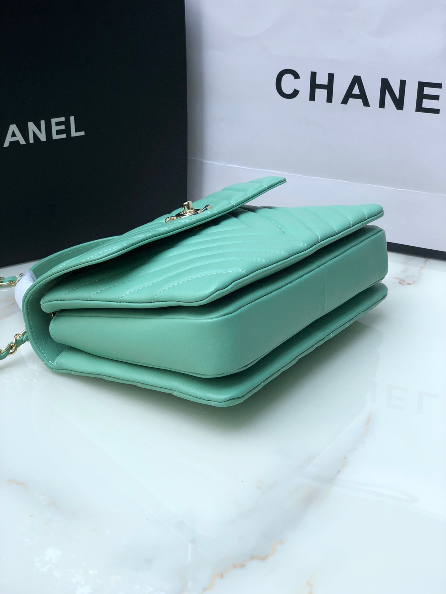 Ch**el FLAP BAG WITH TOP HANDLE BLUE SILVER 6.6 × 9.8 × 4.7 in