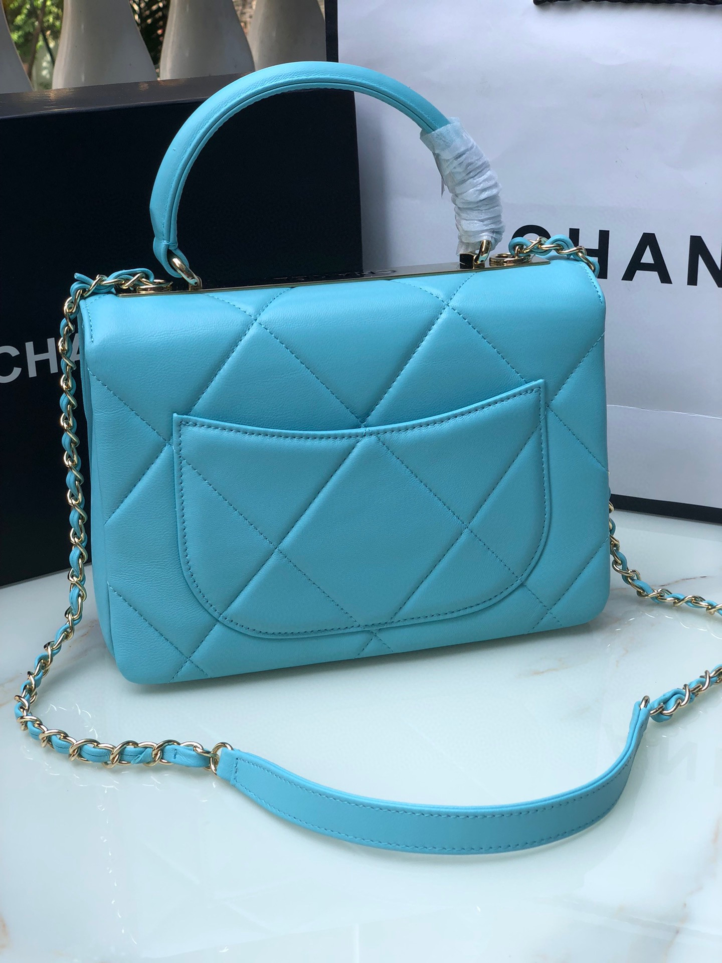 Ch**el FLAP BAG WITH TOP HANDLE 6.6 × 9.8 × 4.7 in
