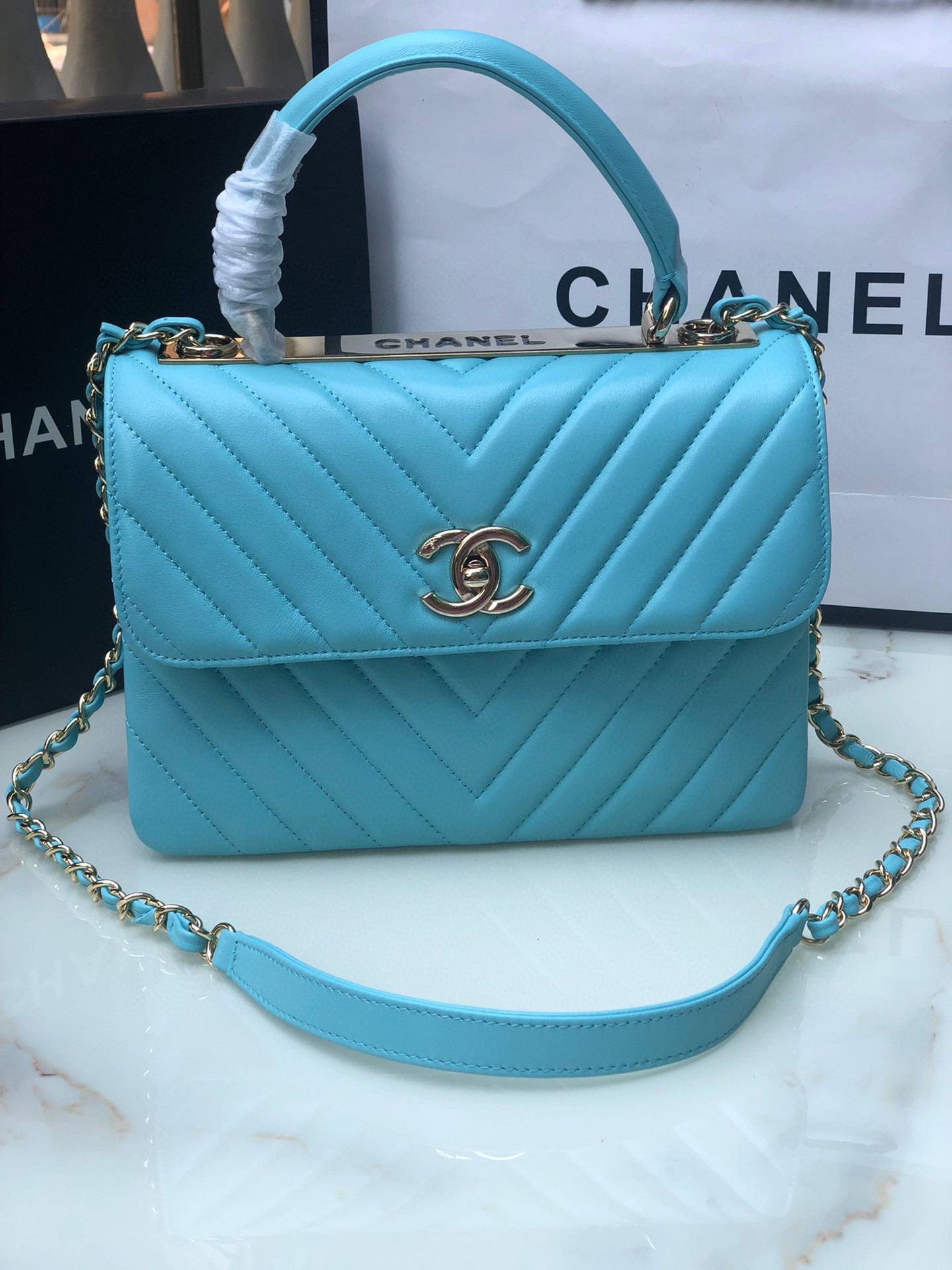 Ch**el FLAP BAG WITH TOP HANDLE 6.6 × 9.8 × 4.7 in