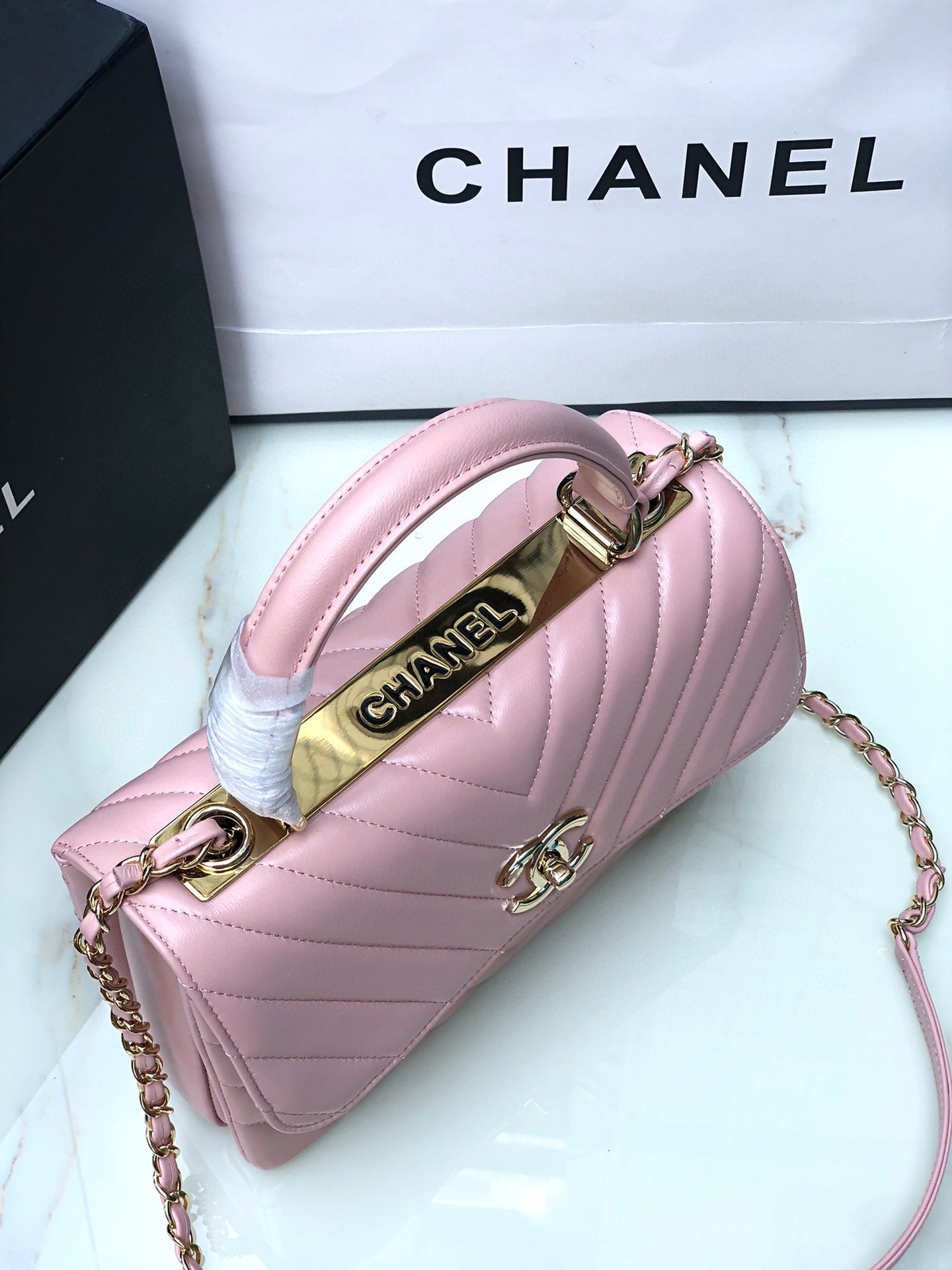 Ch**el FLAP BAG WITH TOP HANDLE PINK 6.6 × 9.8 × 4.7 in