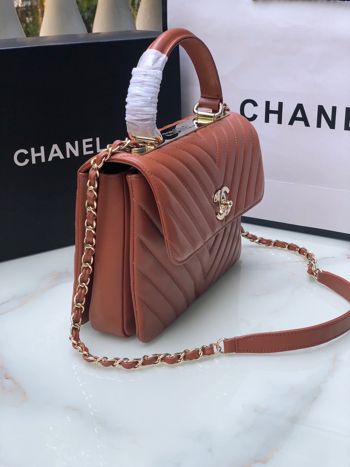 Ch**el FLAP BAG WITH TOP HANDLE ORANGE 6.6 × 9.8 × 4.7 in