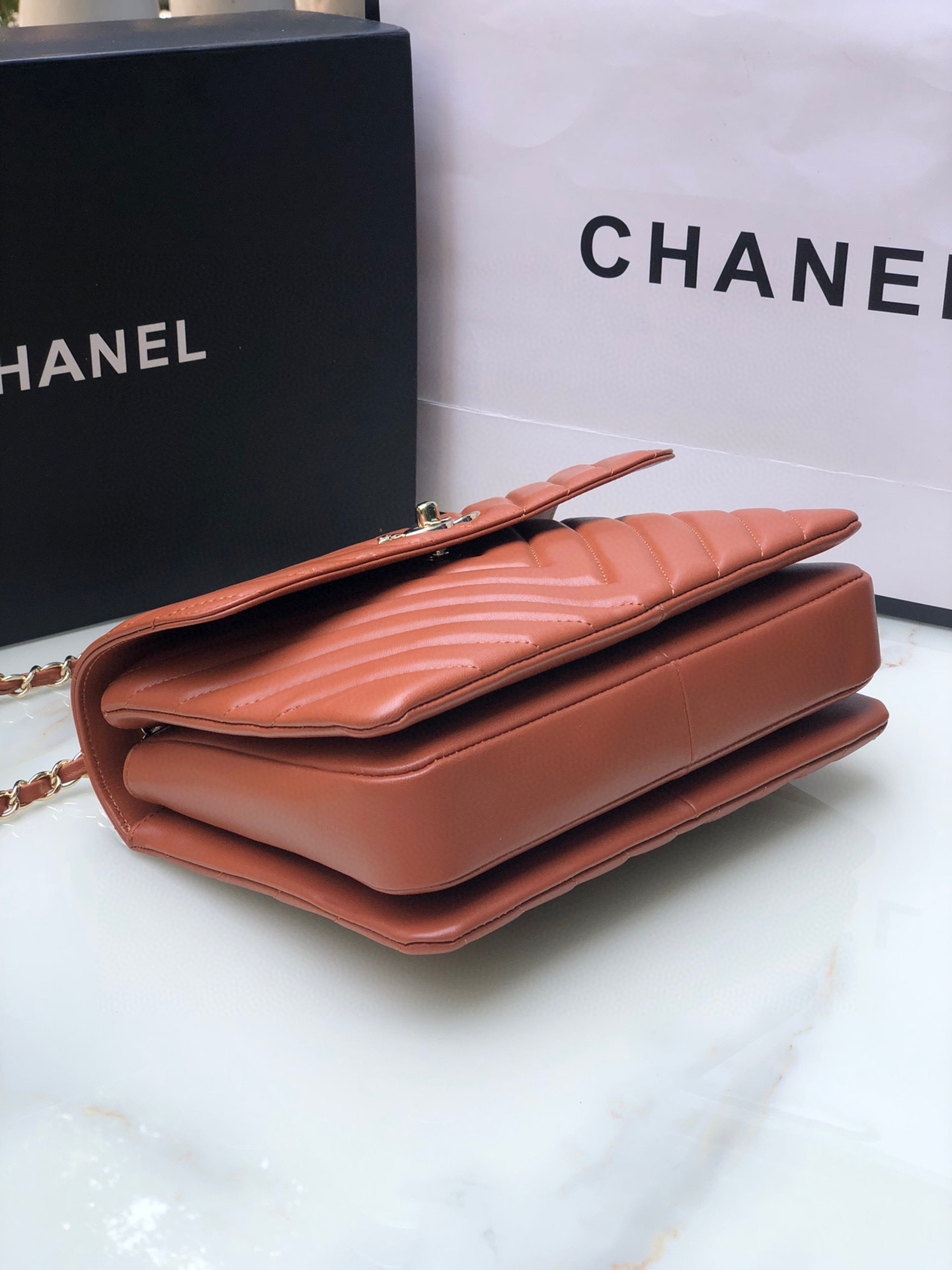 Ch**el FLAP BAG WITH TOP HANDLE ORANGE 6.6 × 9.8 × 4.7 in