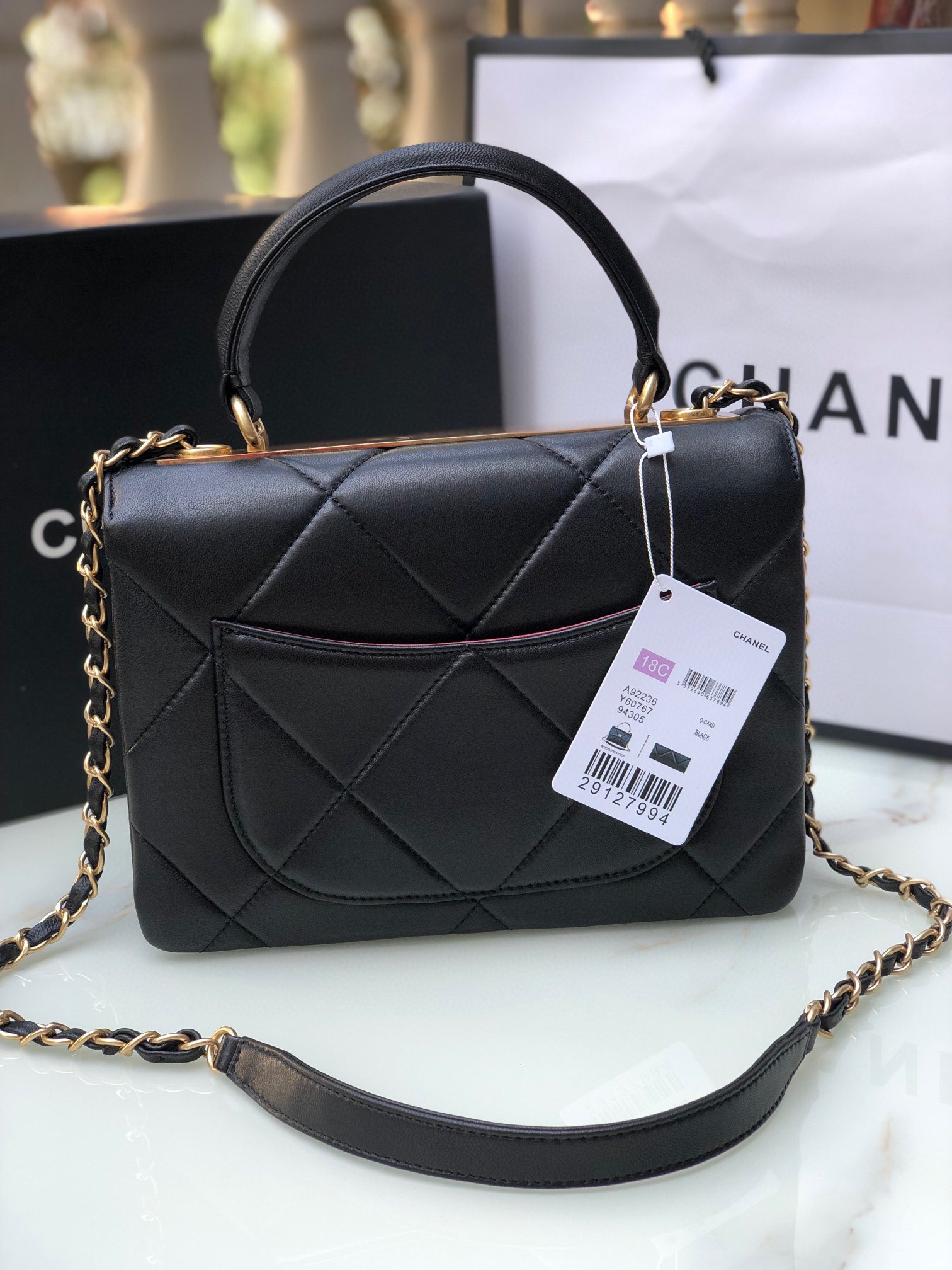 Ch**el FLAP BAG WITH TOP HANDLE 6.6 × 9.8 × 4.7 in