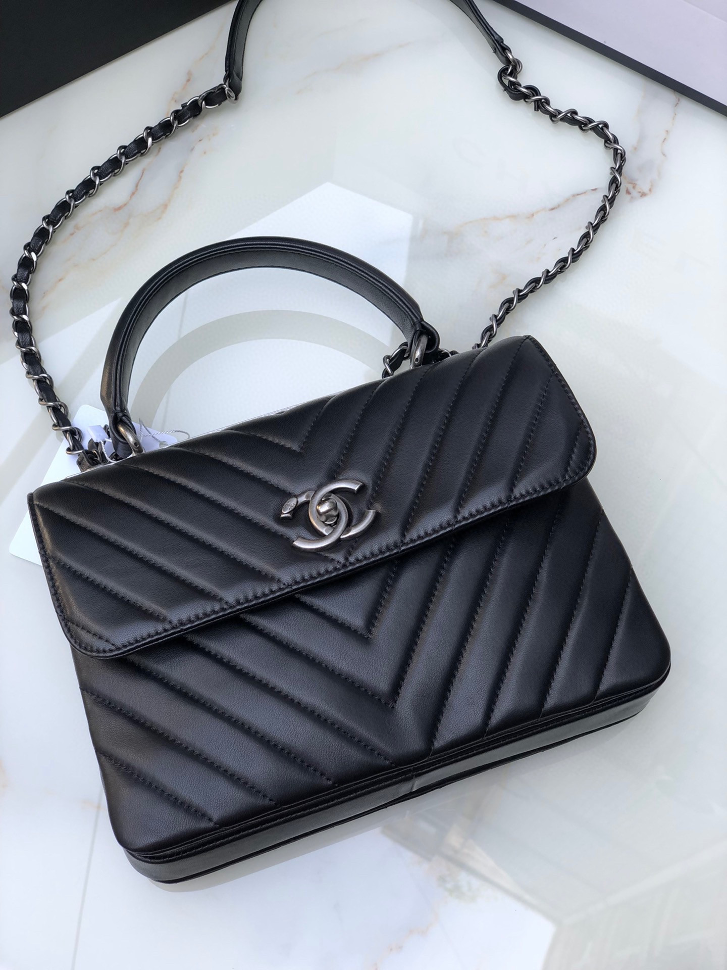 Ch**el FLAP BAG WITH TOP HANDLE 6.6 × 9.8 × 4.7 in