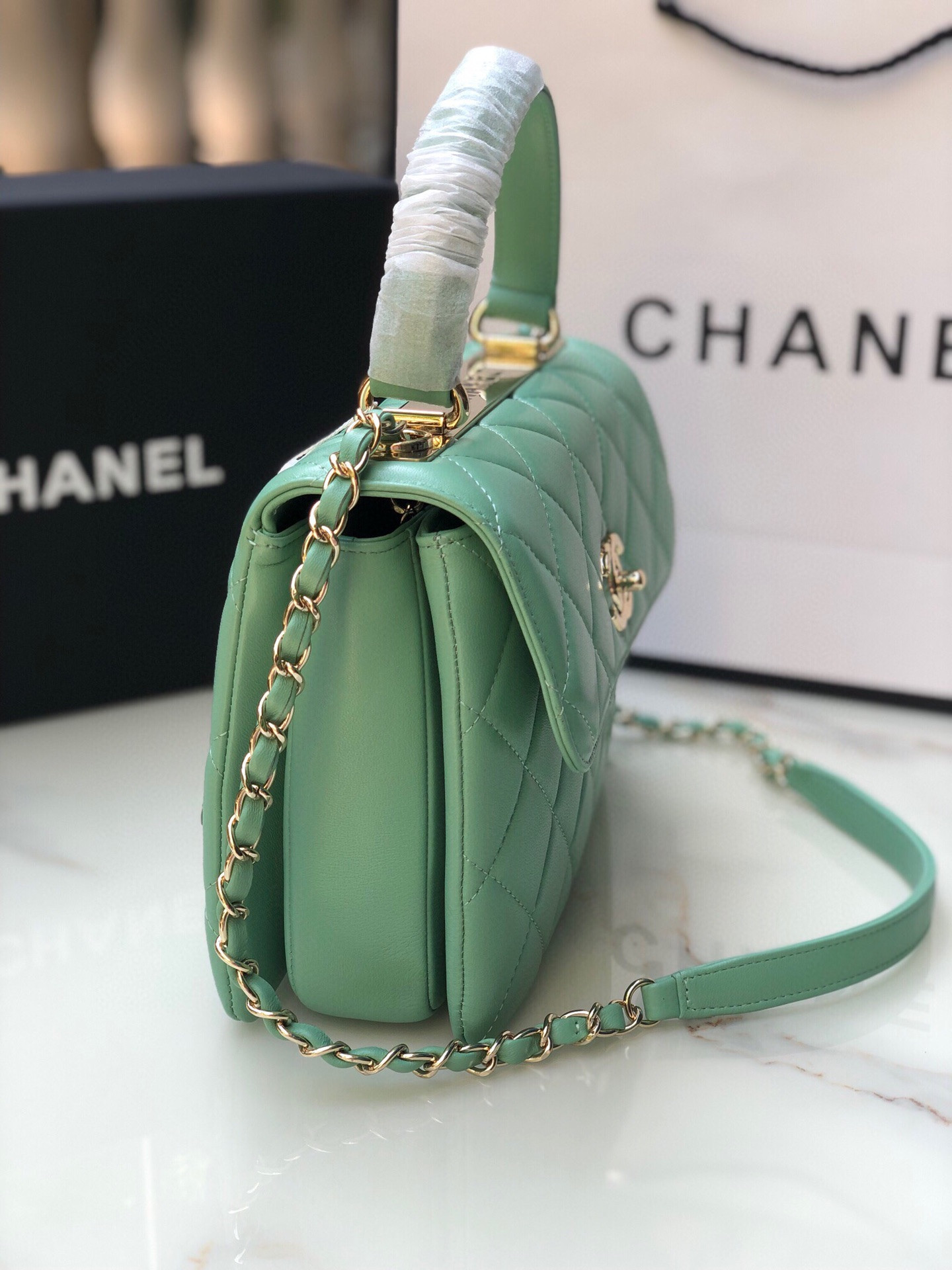 Ch**el FLAP BAG WITH TOP HANDLE 6.6 × 9.8 × 4.7 in