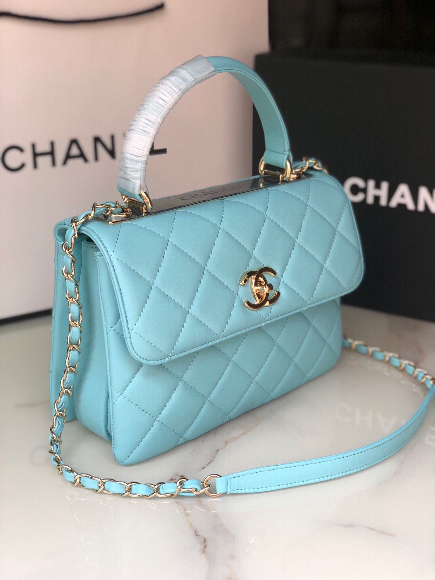 Ch**el FLAP BAG WITH TOP HANDLE 6.6 × 9.8 × 4.7 in