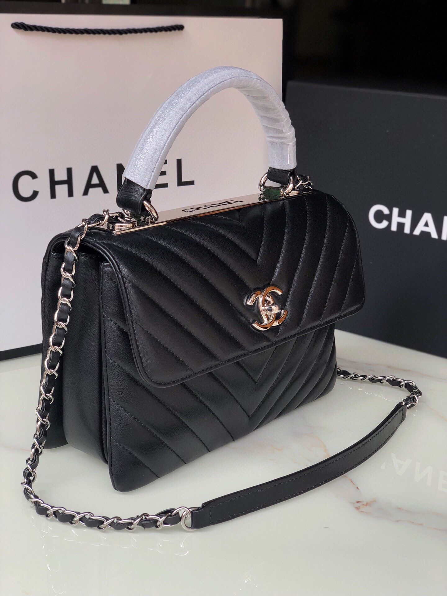Ch**el FLAP BAG WITH TOP HANDLE 6.6 × 9.8 × 4.7 in
