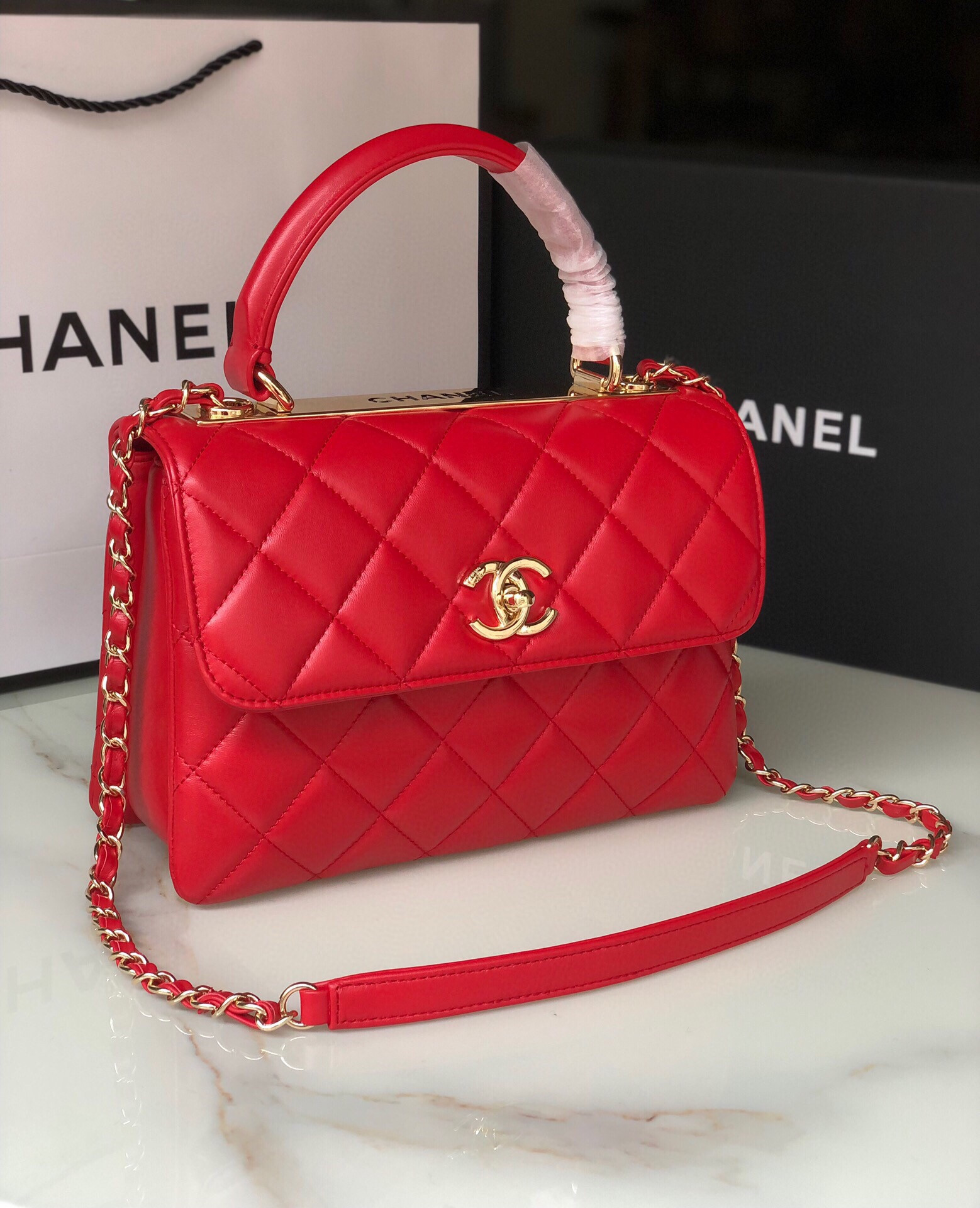 Ch**el FLAP BAG WITH TOP HANDLE 6.6 × 9.8 × 4.7 in