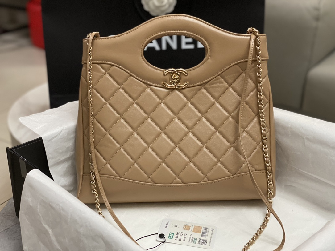 Ch**el SHOPPING BAG Shiny Lambskin & Gold-Tone Metal 11.7 × 11.3 × 3.5 in
