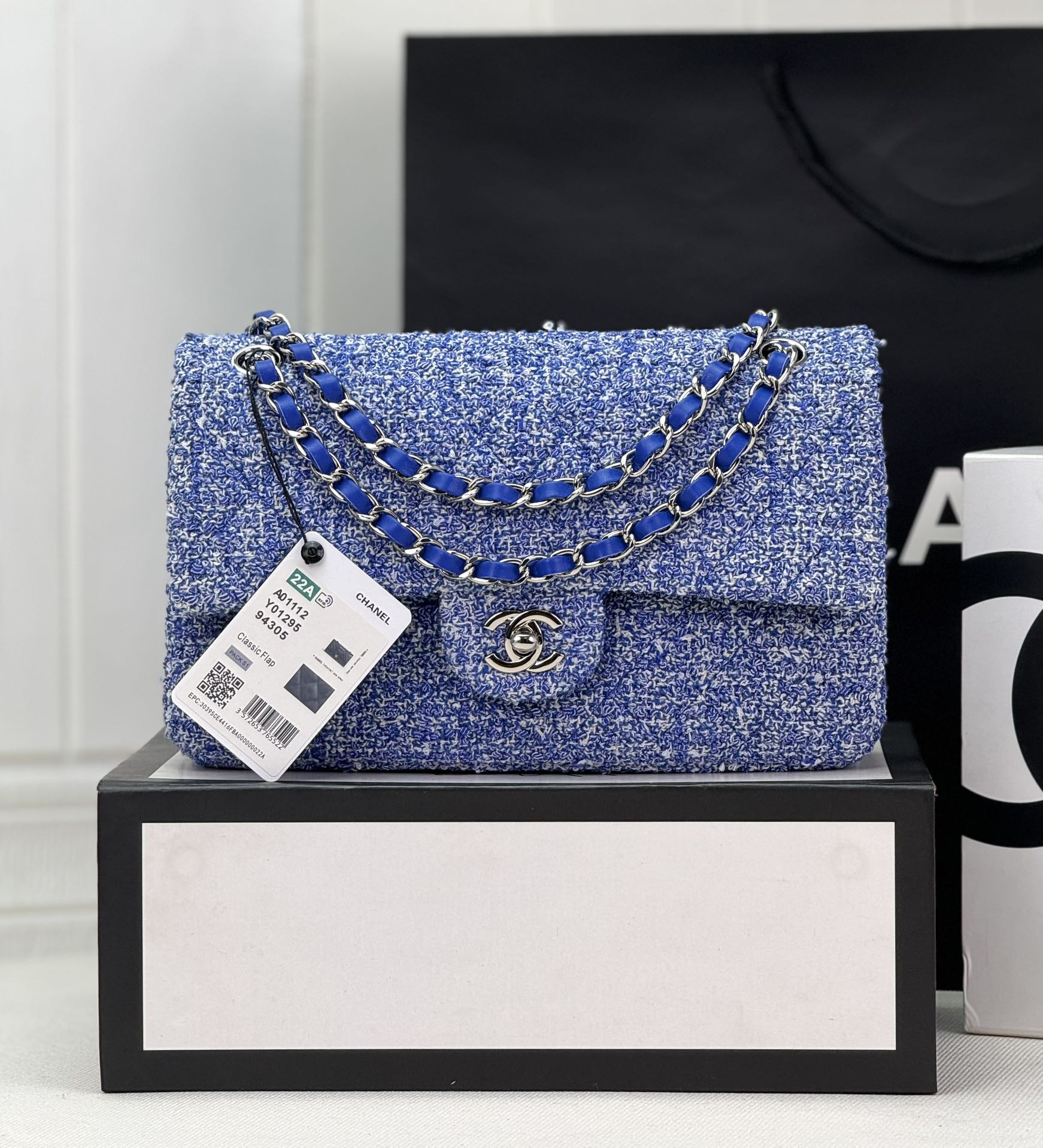 Ch**el classic 11.12 handbag tweed & silver-tone metal 6 × 9.9 × 2.5 in