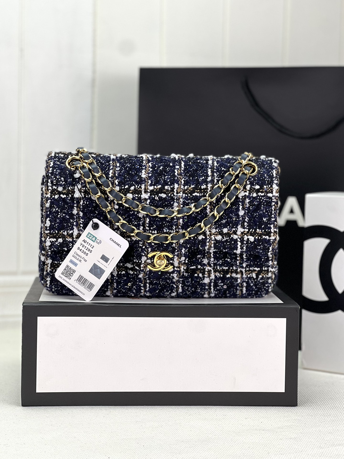 Ch**el classic 11.12 handbag tweed & gold-tone metal 6 × 9.9 × 2.5 in