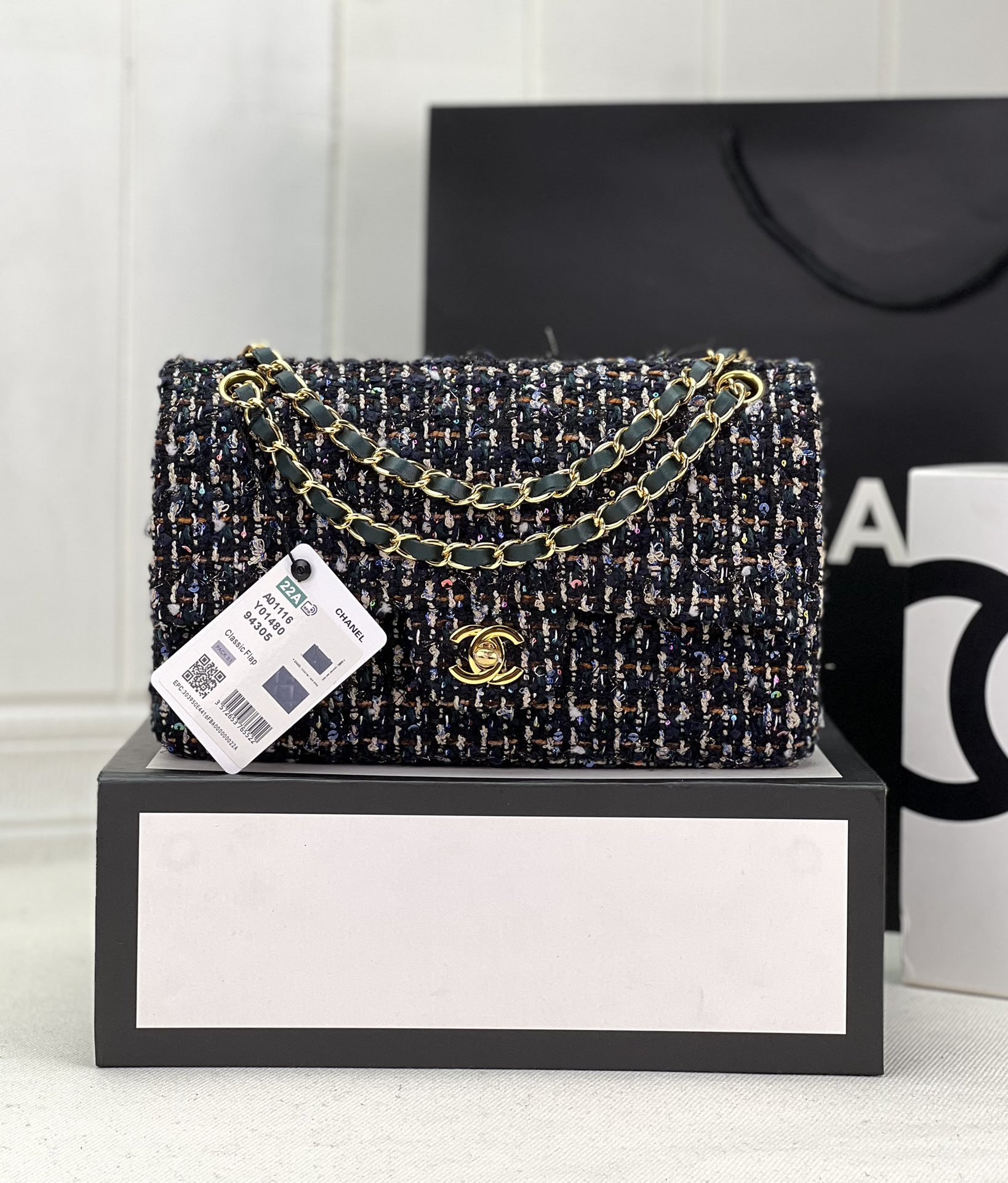 Ch**el classic 11.12 handbag tweed & gold-tone metal 6 × 9.9 × 2.5 in