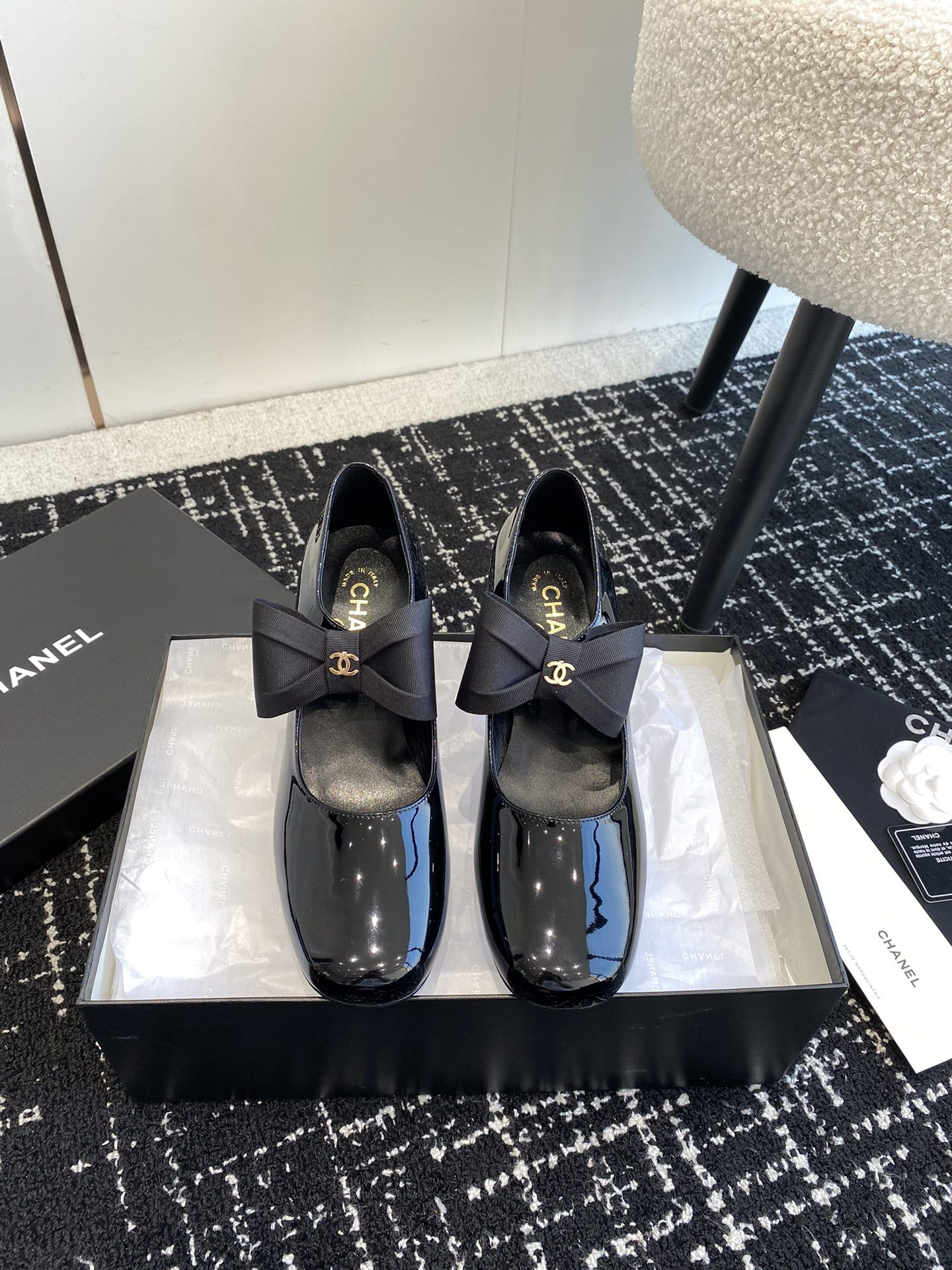 UA Ch**el MARY JANES Patent Calfskin & Grosgrain
