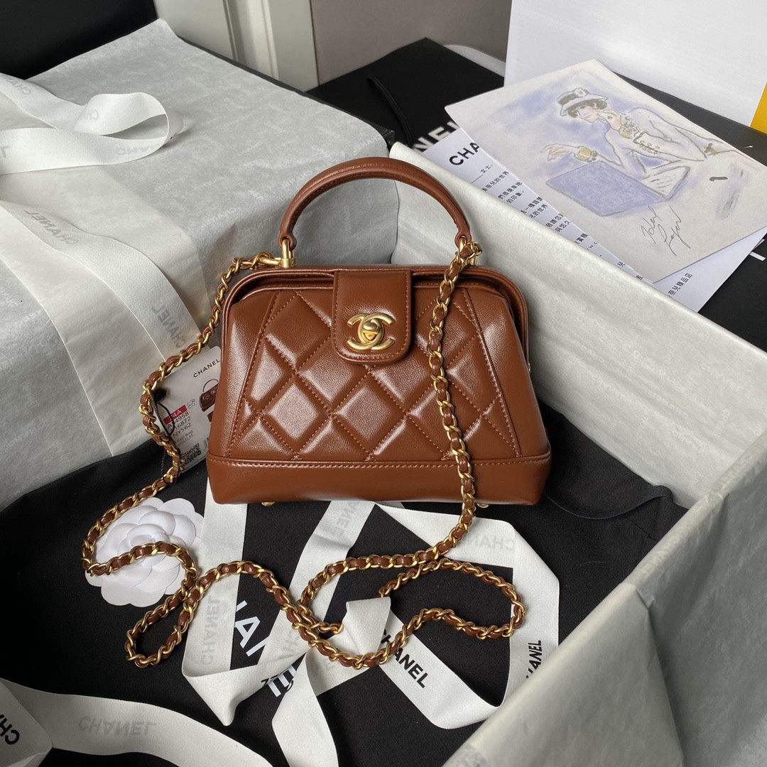 Ch**el MINI BAG WITH TOP HANDLE  Shiny Lambskin & Gold-Tone Metal Brown 12 × 18 × 7 cm